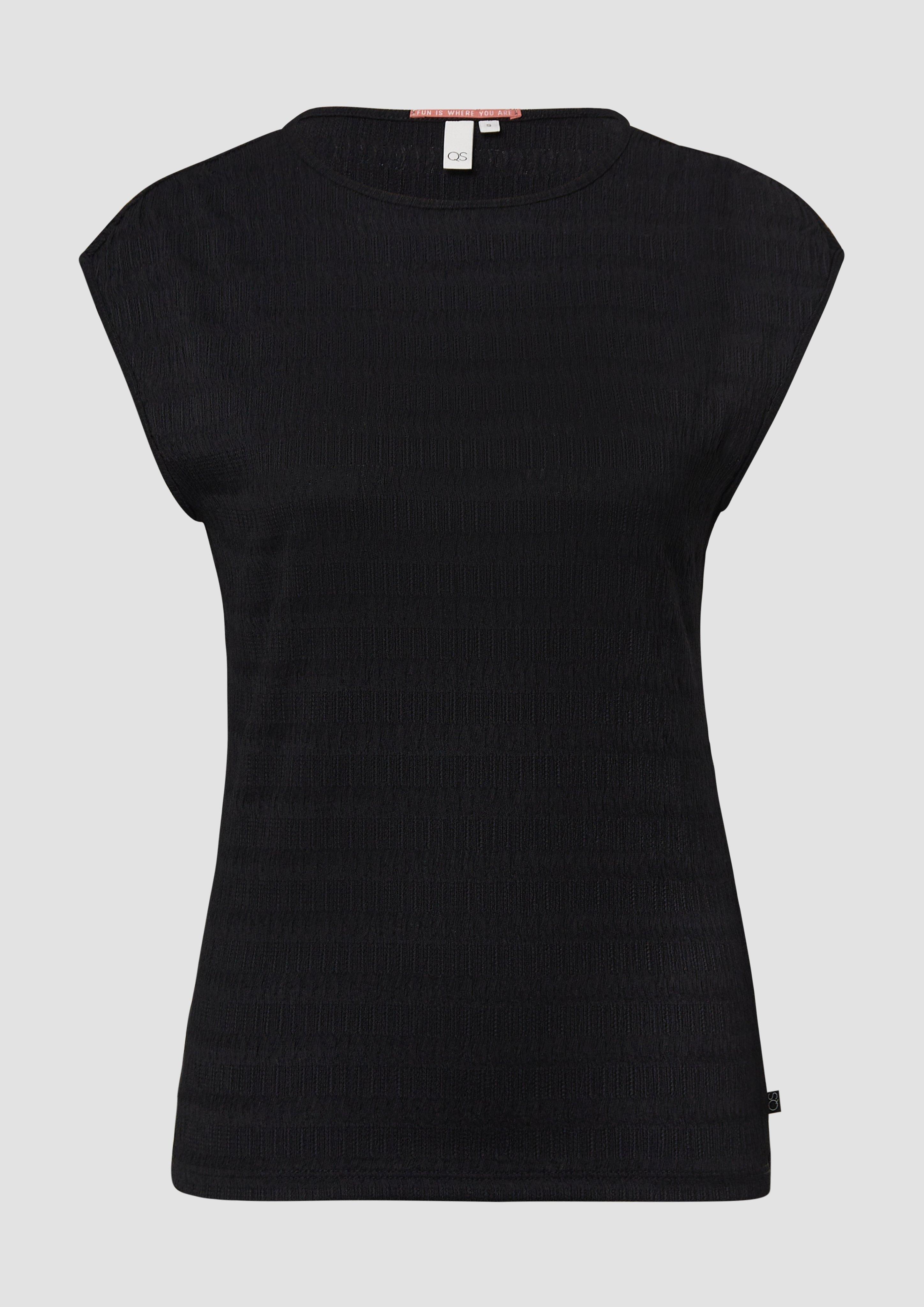 QS - Strukturiertes T-Shirt mit Raffdetails an den Schultern, Damen, schwarz