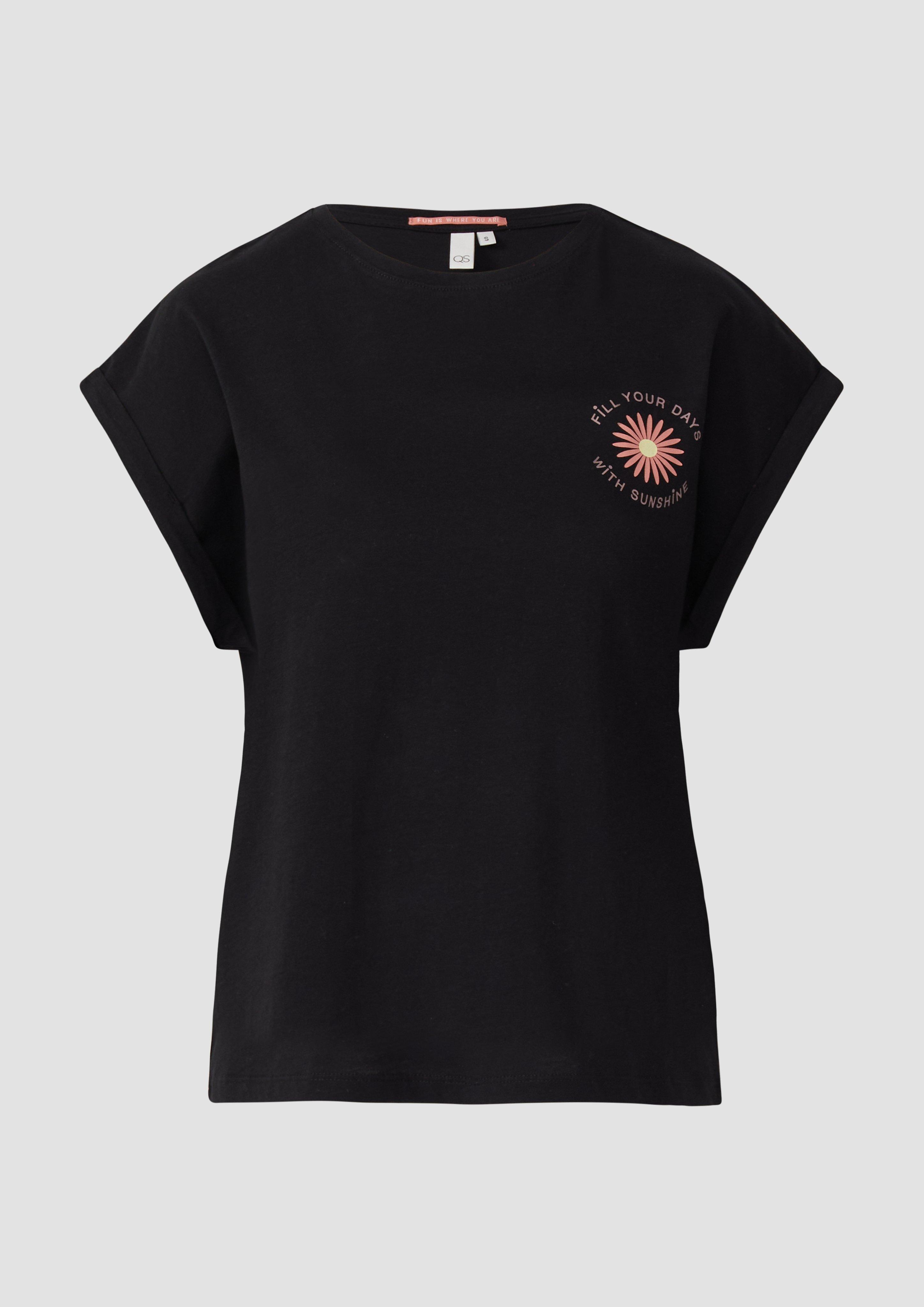 QS - Lockeres T- Shirt mit Ärmelaufschlag und Frontprint, Damen, schwarz