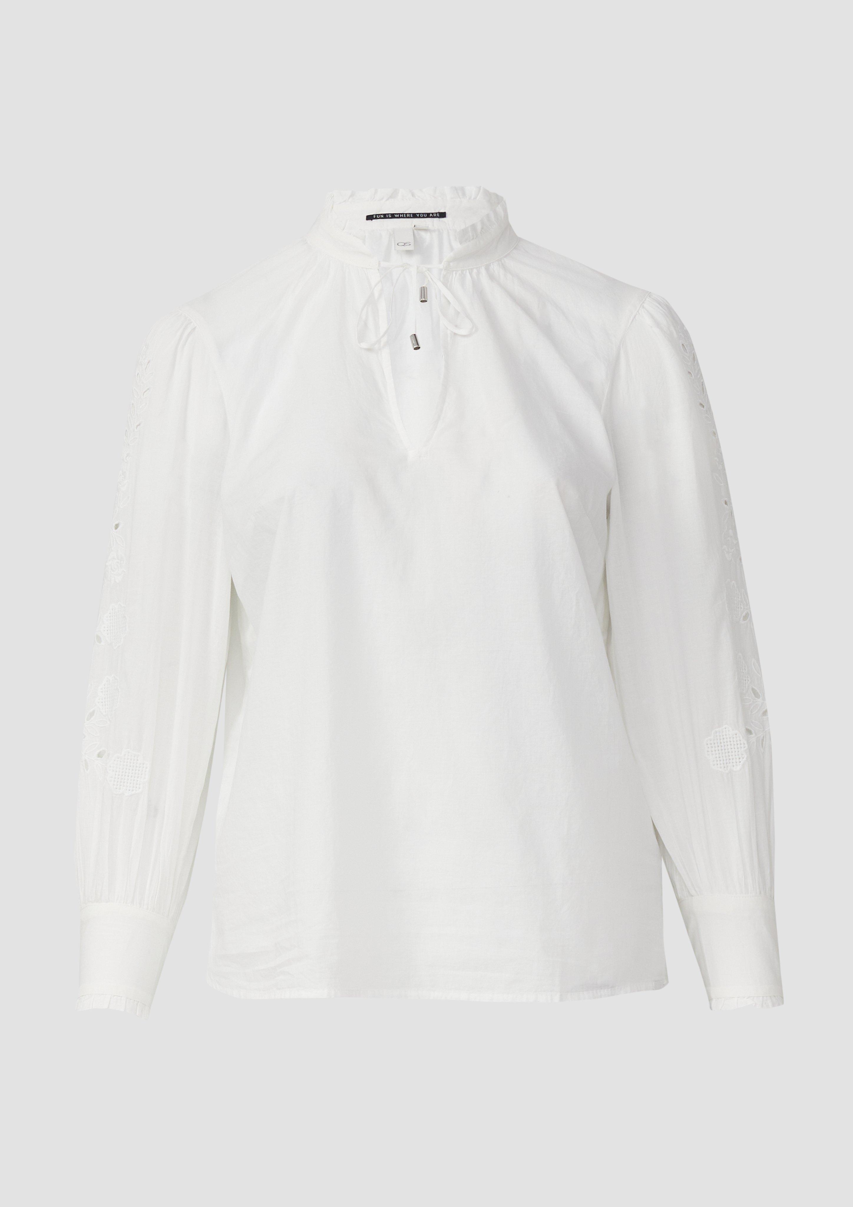 QS - Leichte Baumwollbluse mit Stickerei am Ärmel, Damen, weiß
