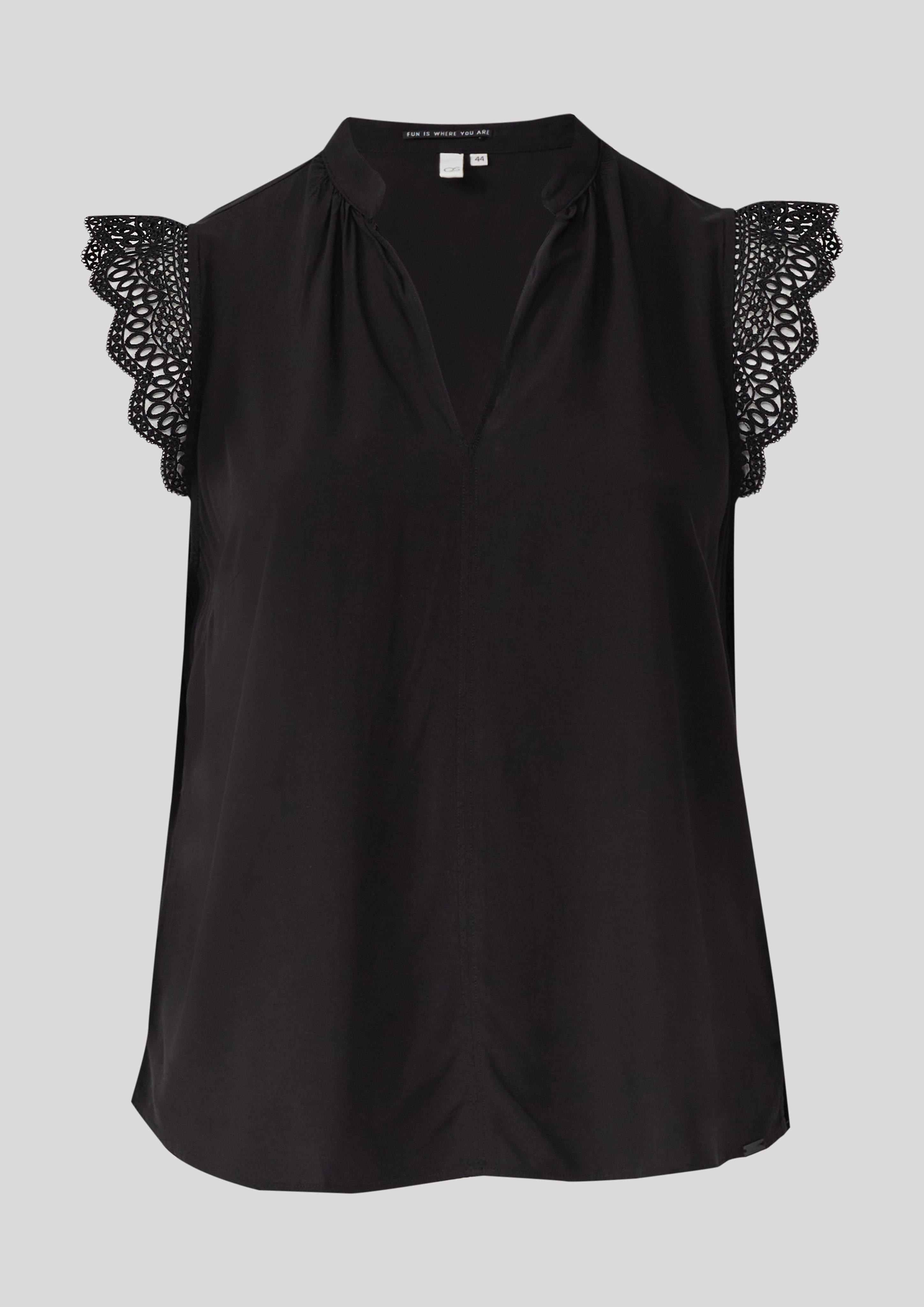 QS - Blusentop mit Spitzendetail, Damen, schwarz