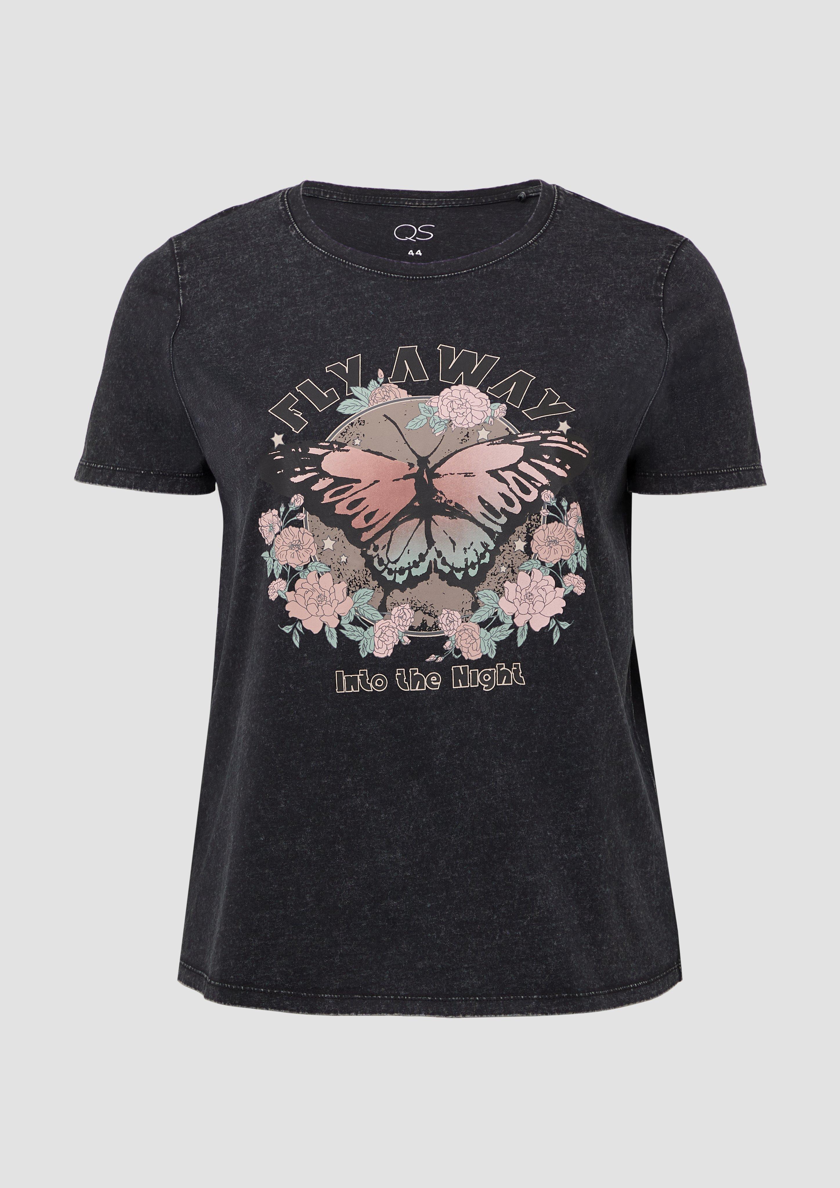 QS - Baumwollshirt mit Frontprint in gewaschener Optik, Damen, schwarz