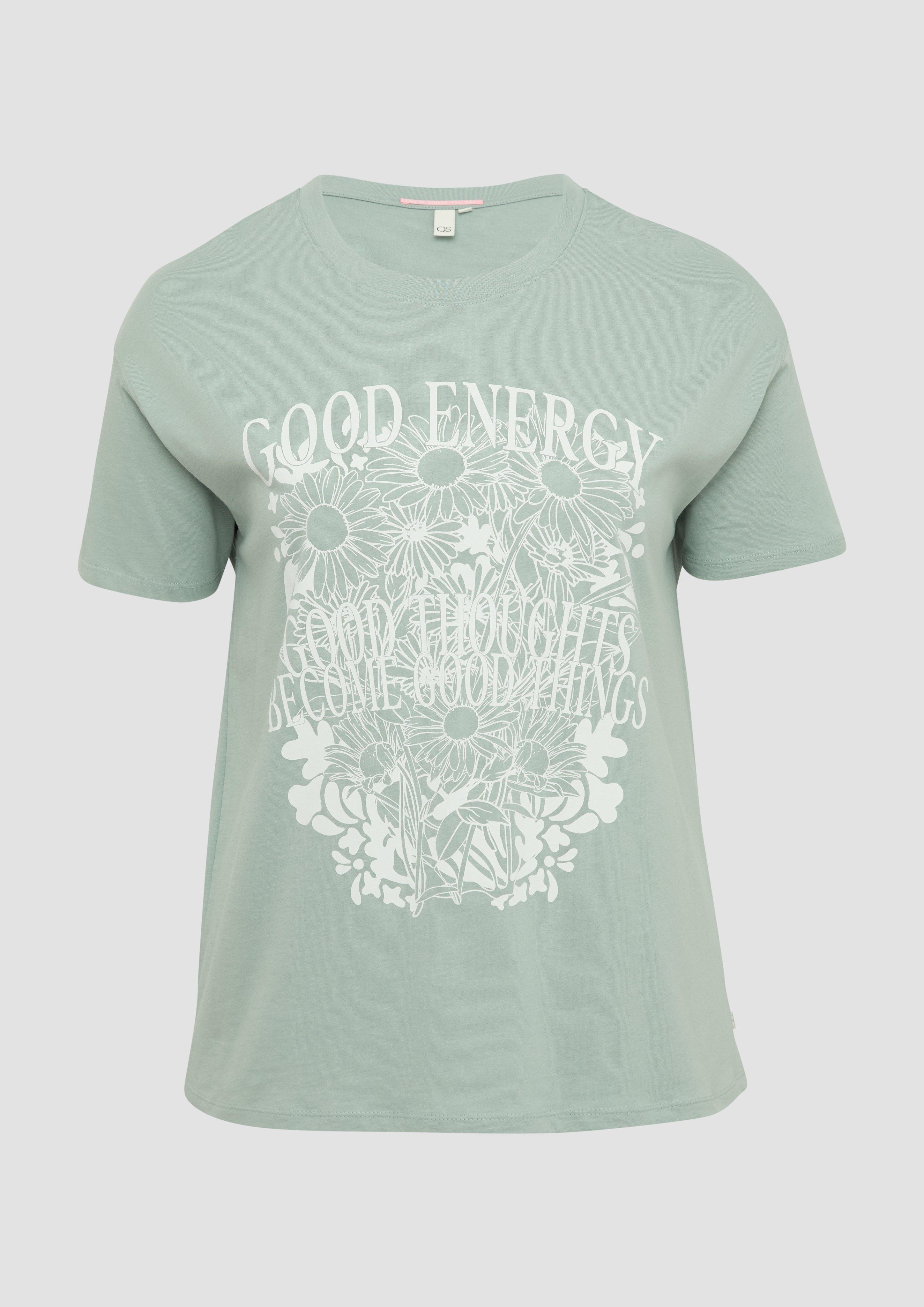 QS - Baumwollshirt mit Frontprint und überschnittener Schulter, Damen, grün