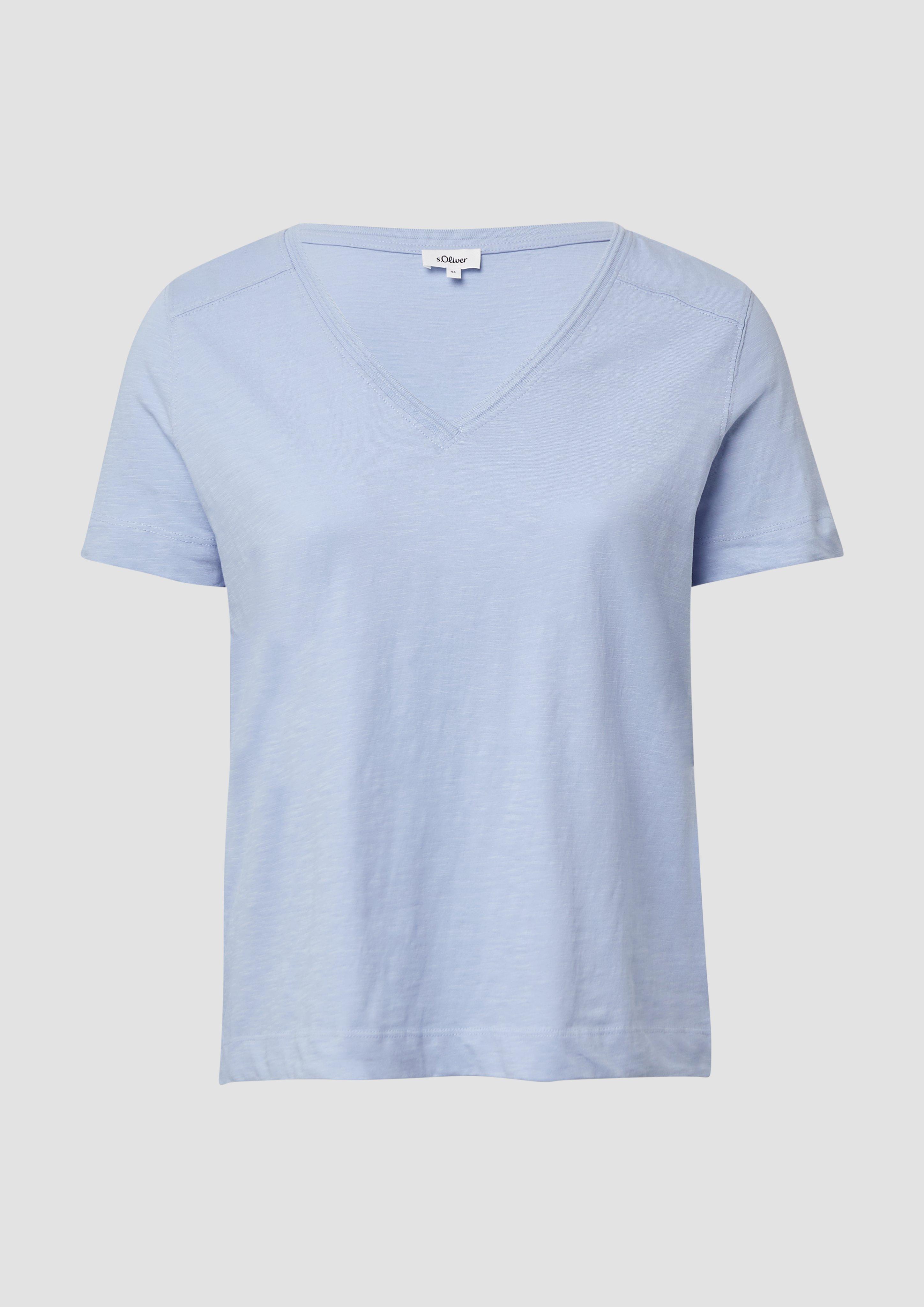 s.Oliver - T-Shirt aus Flammgarn mit V-Ausschnitt, Damen, blau