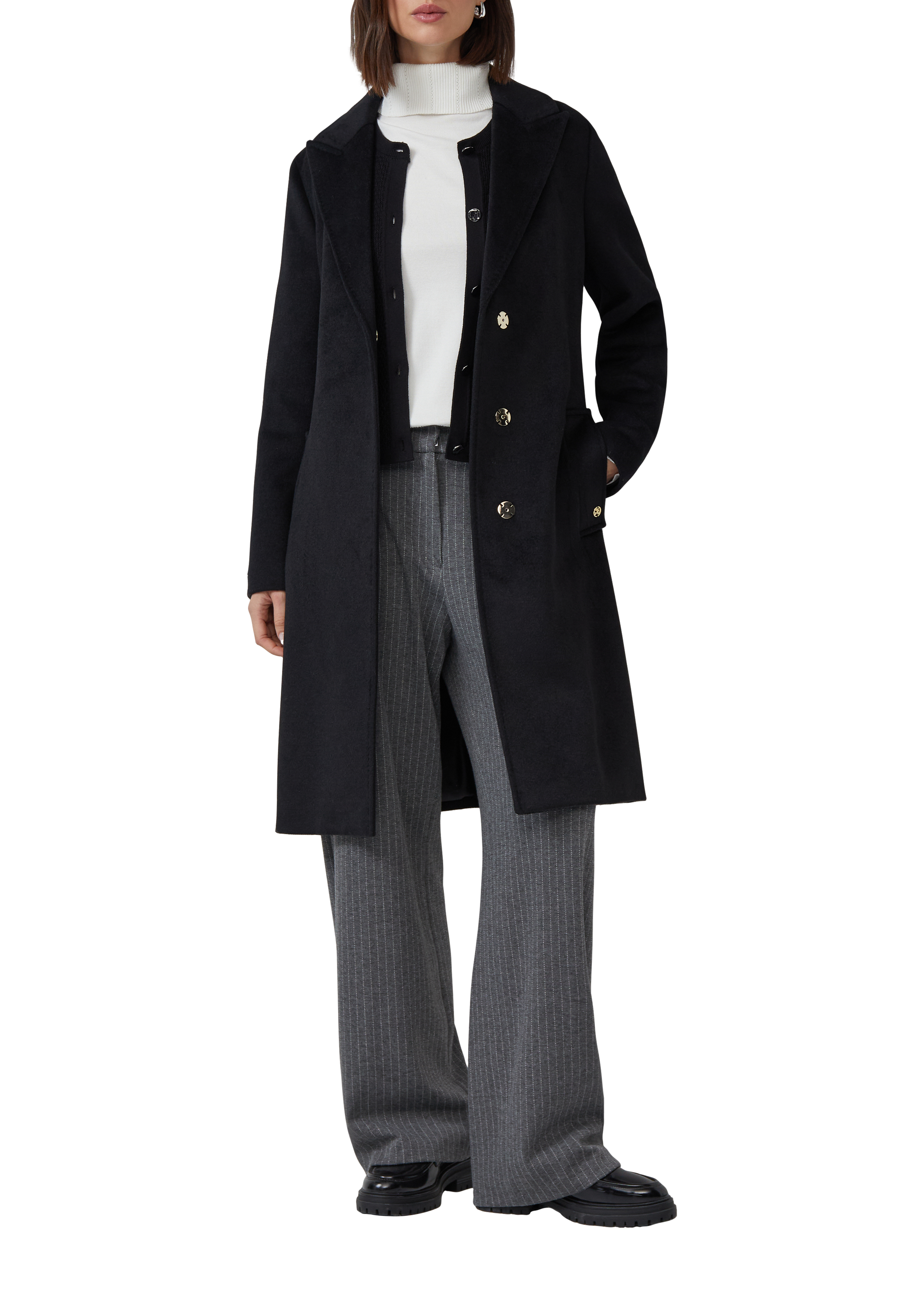 Wool blend coat with jacquard lining and tie belt - Black | s.Oliver
