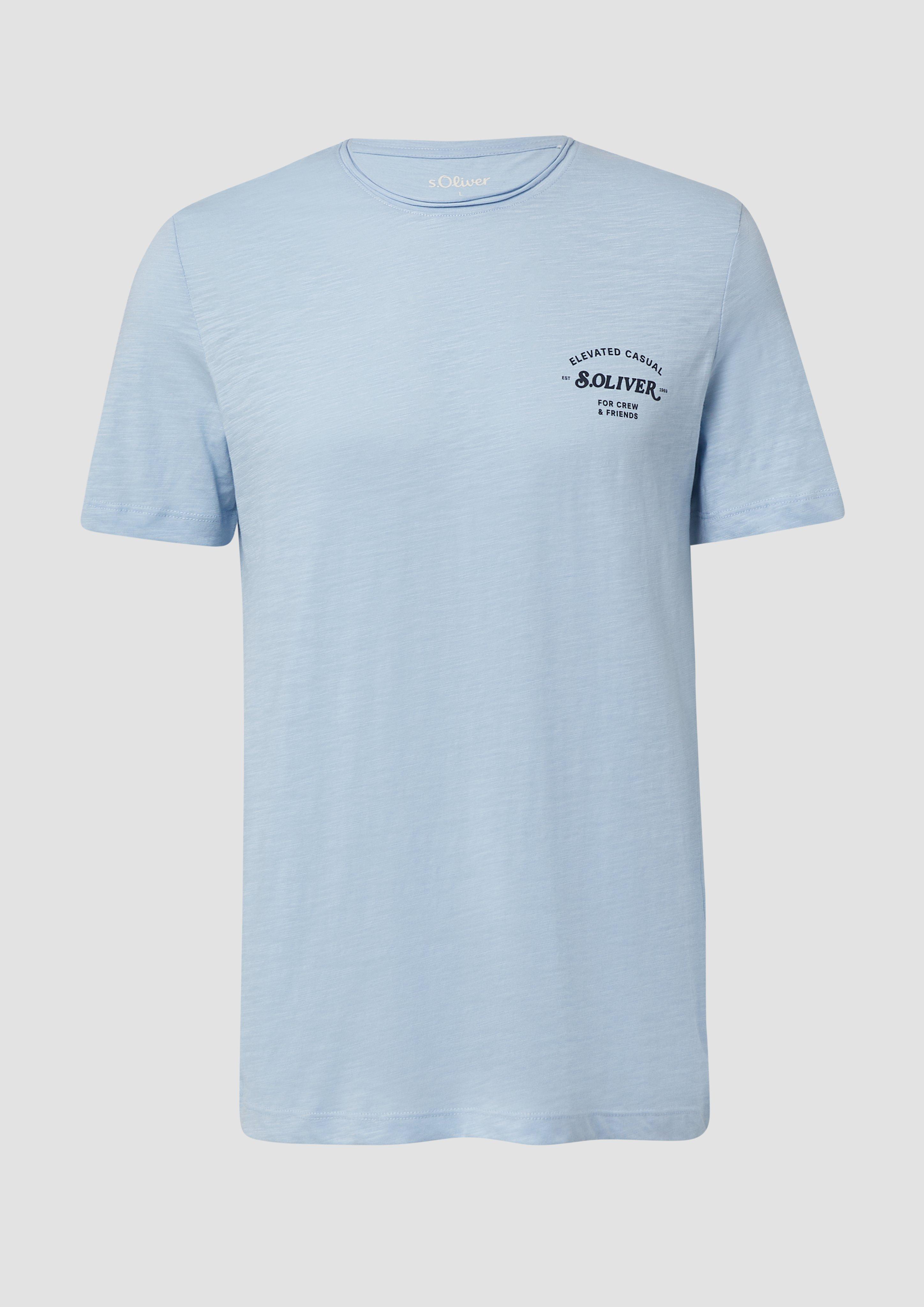 s.Oliver - Meliertes T-Shirt mit Rollkante und Frontprint, Herren, blau