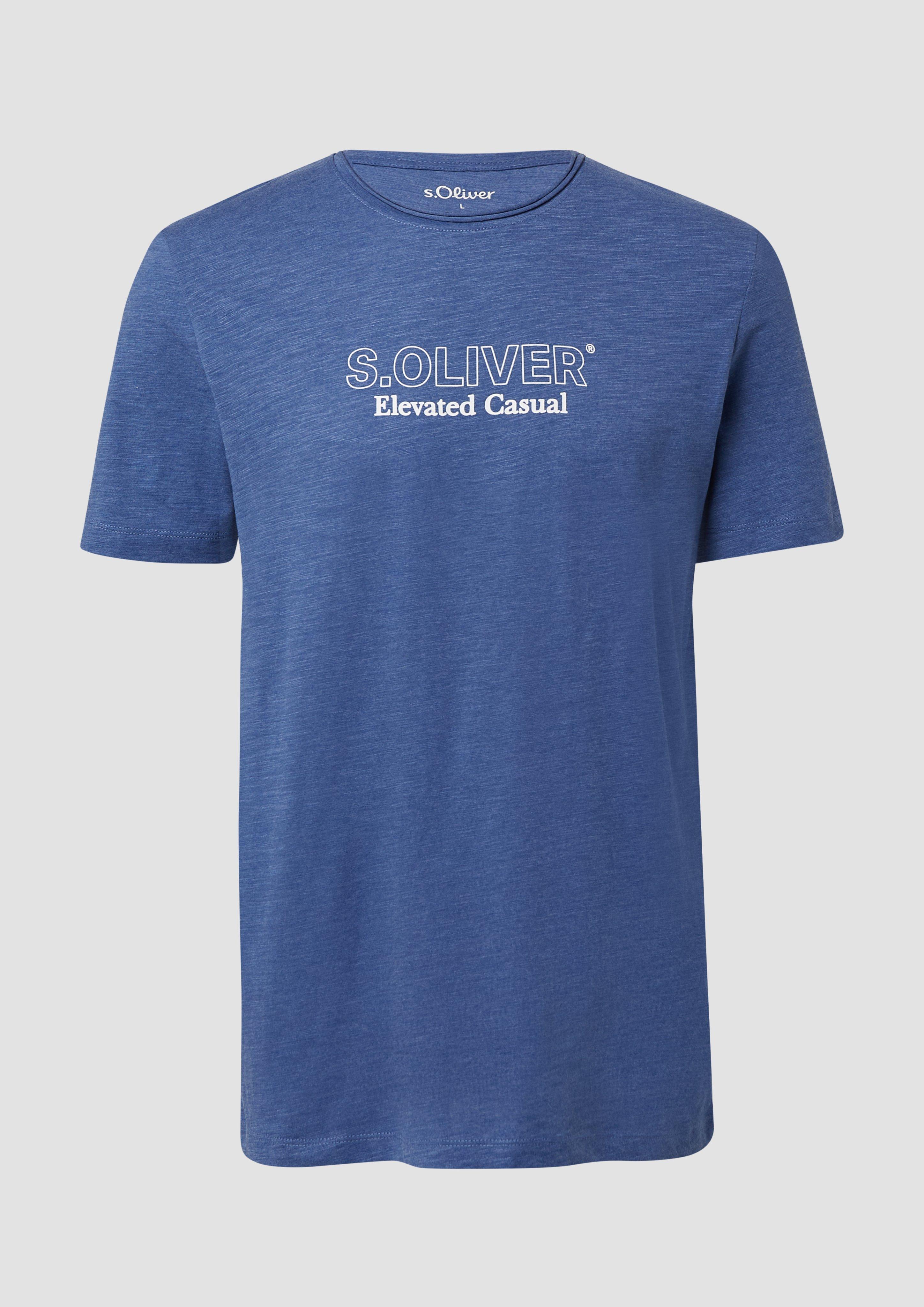s.Oliver - Meliertes T-Shirt mit Rollkante und Frontprint, Herren, blau