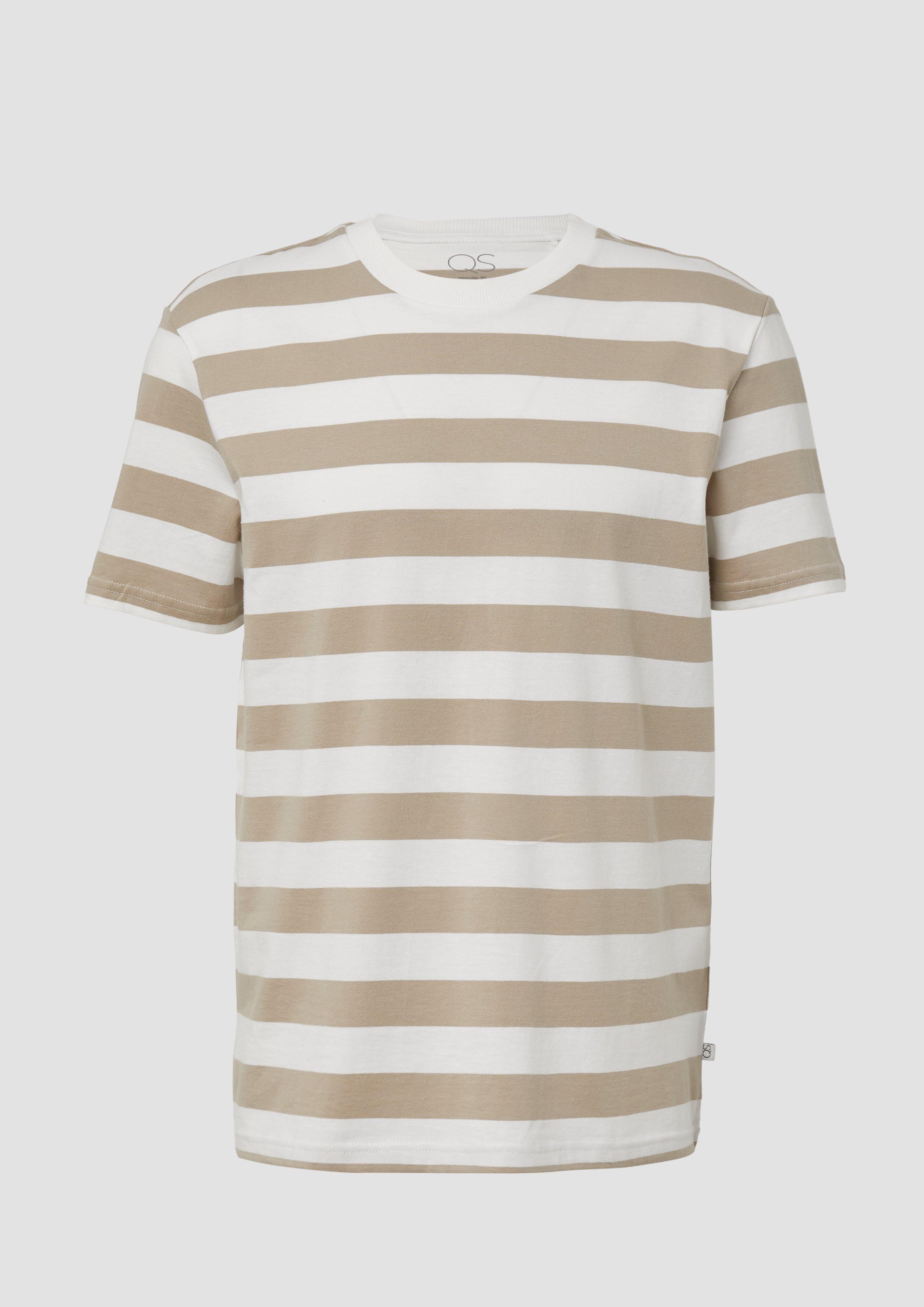 QS - T-Shirt mit Rundhalsausschnitt und Blockstreifen, Herren, Beige