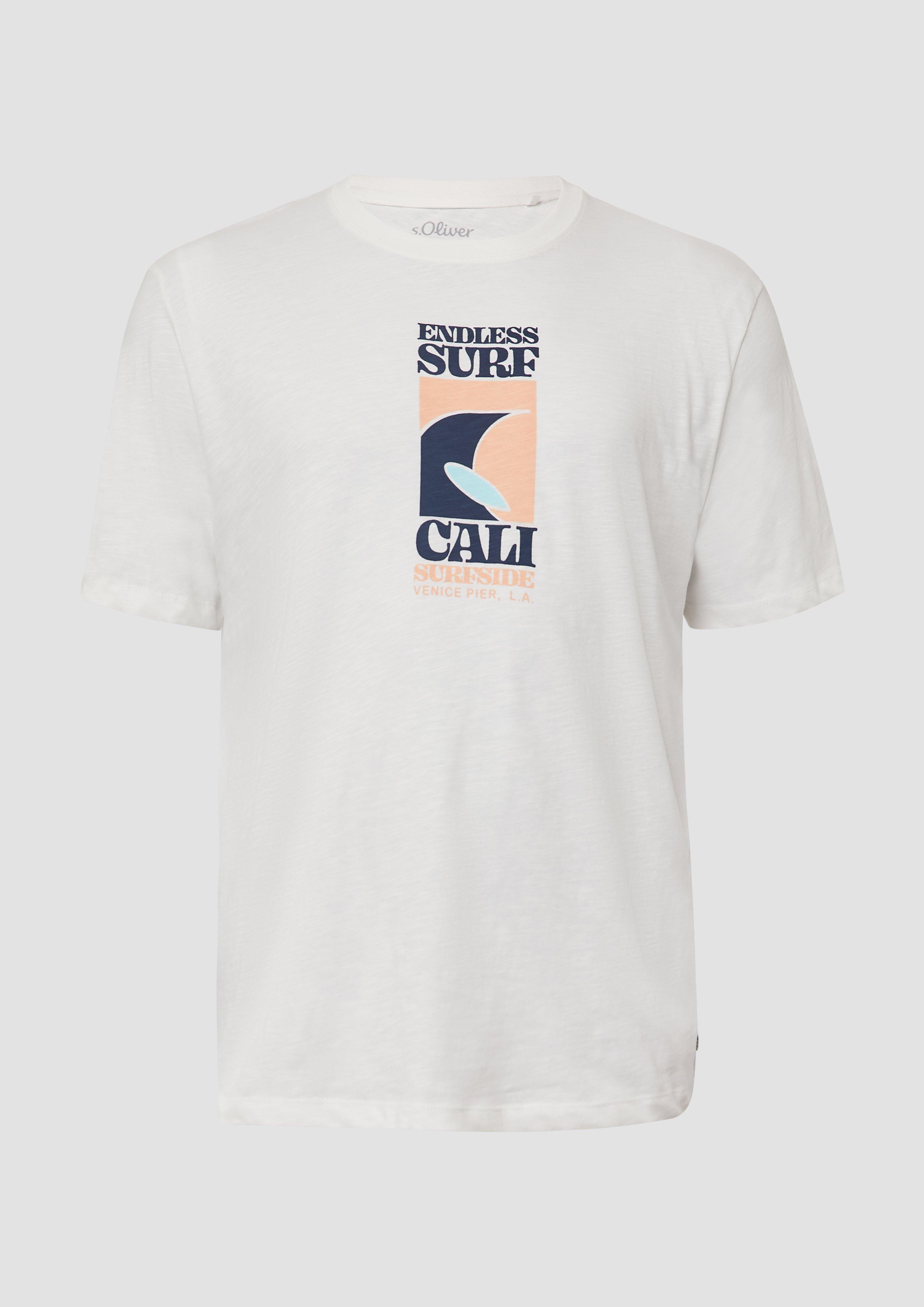 s.Oliver - Baumwoll-T-Shirt mit Frontprint und Flammgarnstruktur, Herren, weiß