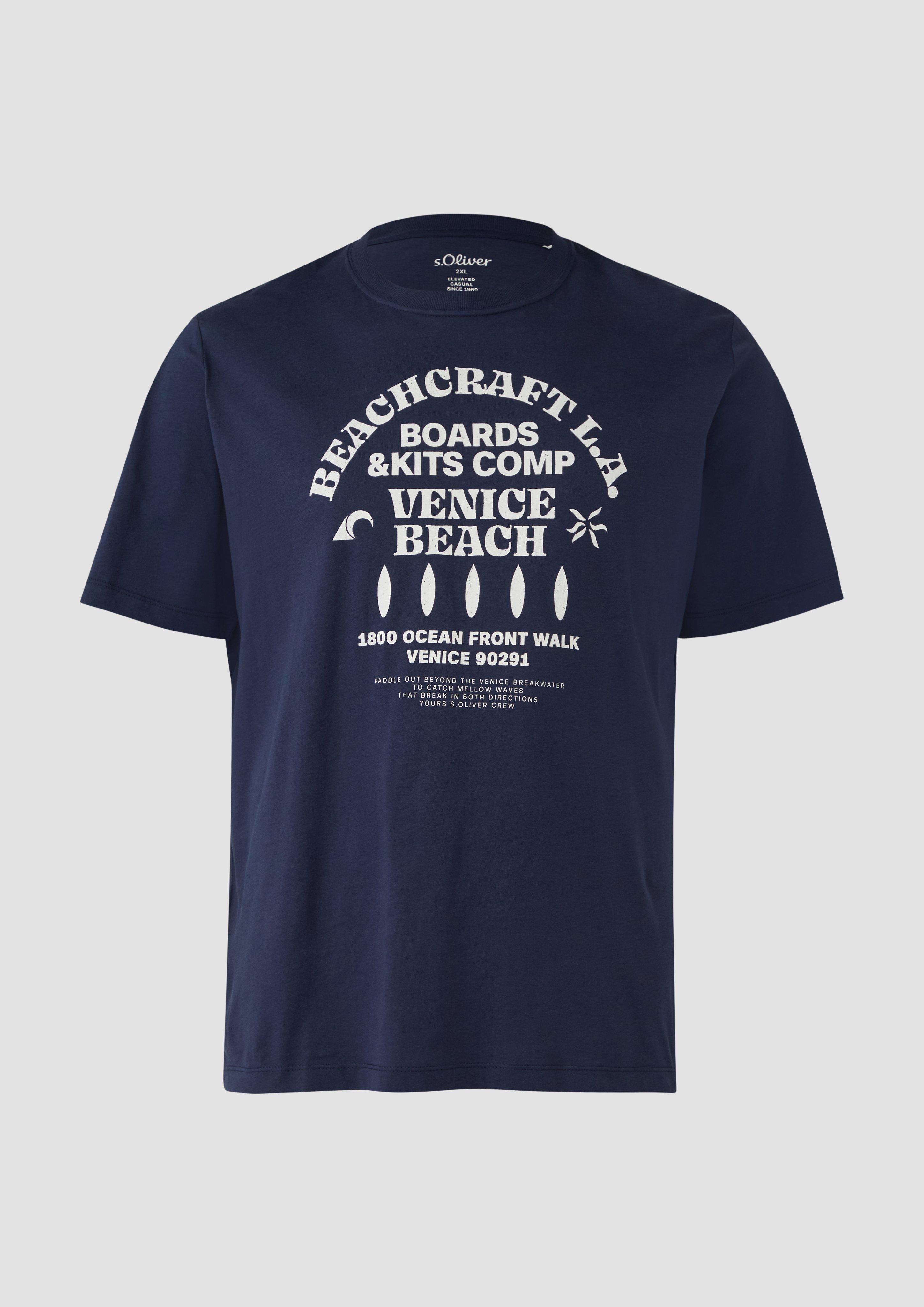 s.Oliver - Baumwoll-T-Shirt mit Crewneck und Artwork, Herren, blau
