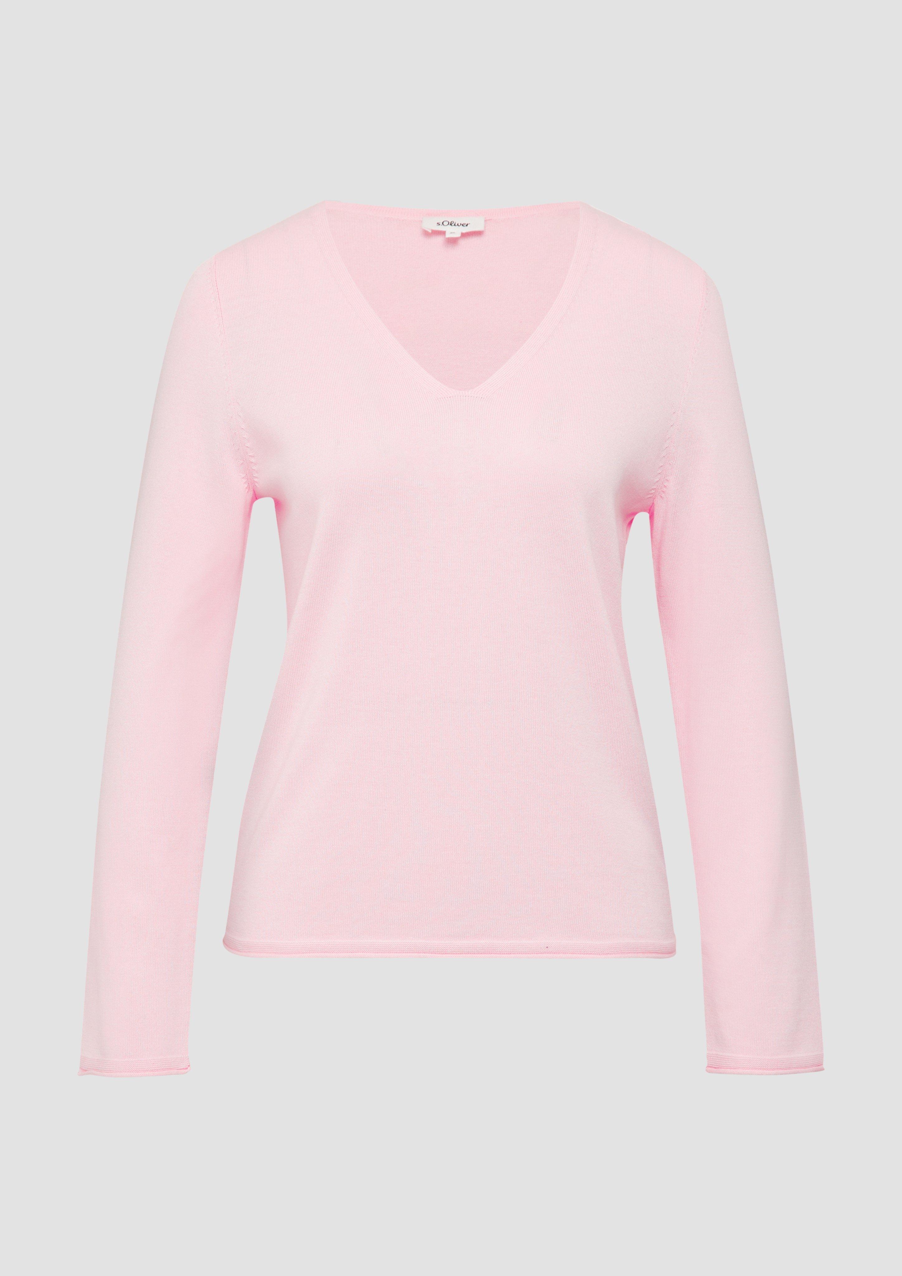 s.Oliver - Feinstrickpullover mit V-Ausschnitt und Rollkante am Saum, Damen, Rosa