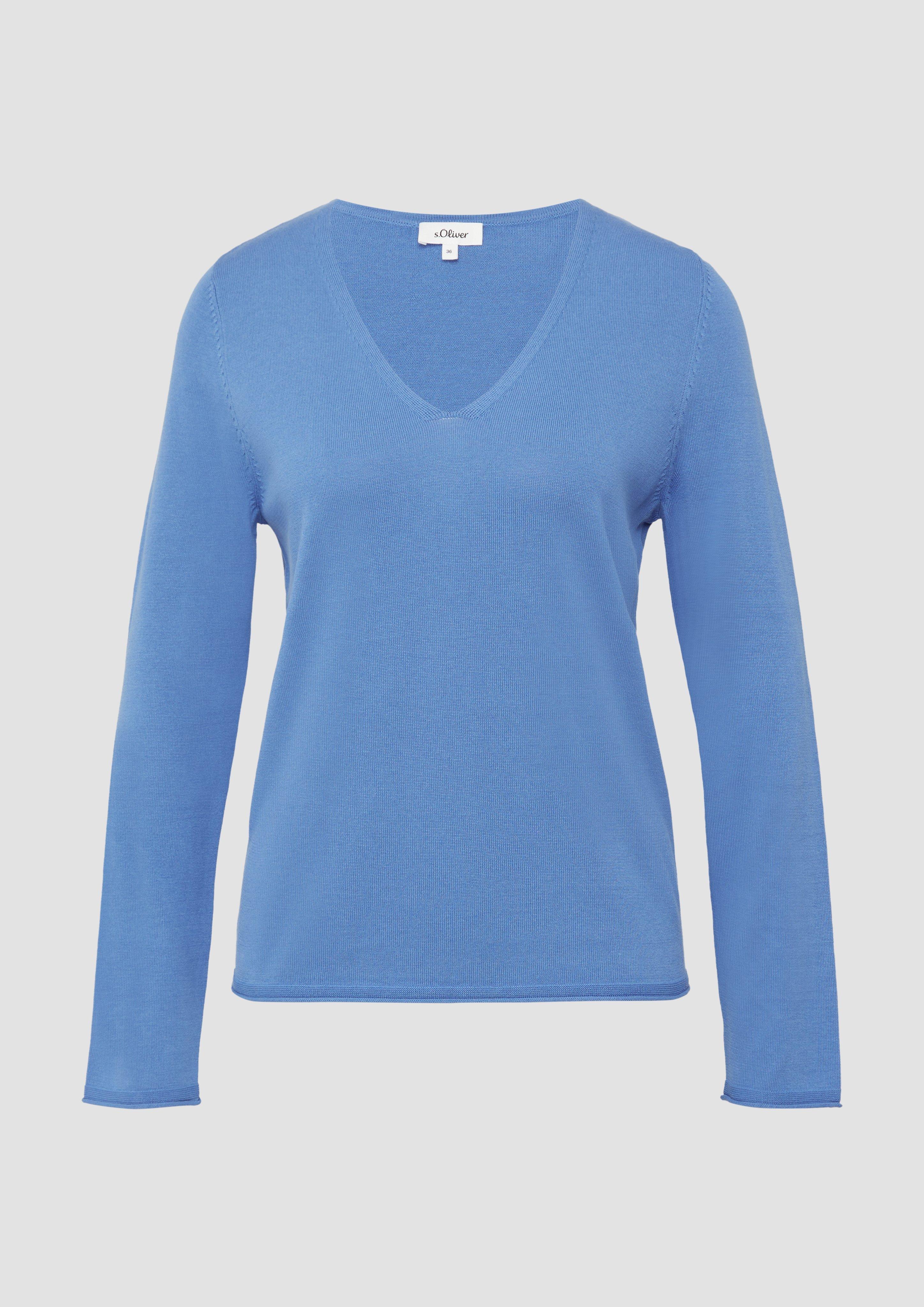 s.Oliver - Feinstrickpullover mit V-Ausschnitt und Rollkante am Saum, Damen, blau