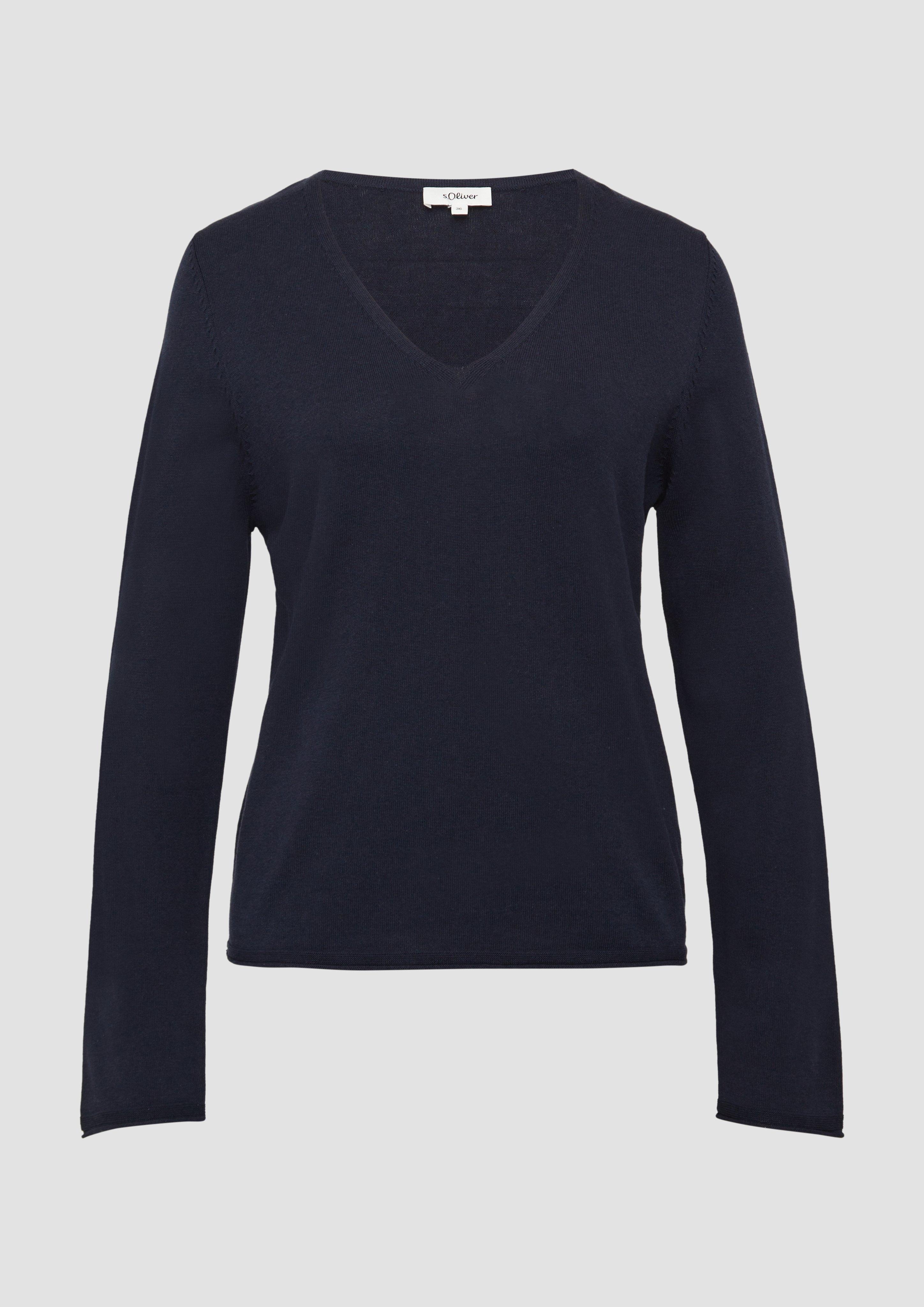 s.Oliver - Feinstrickpullover mit V-Ausschnitt und Rollkante am Saum, Damen, blau