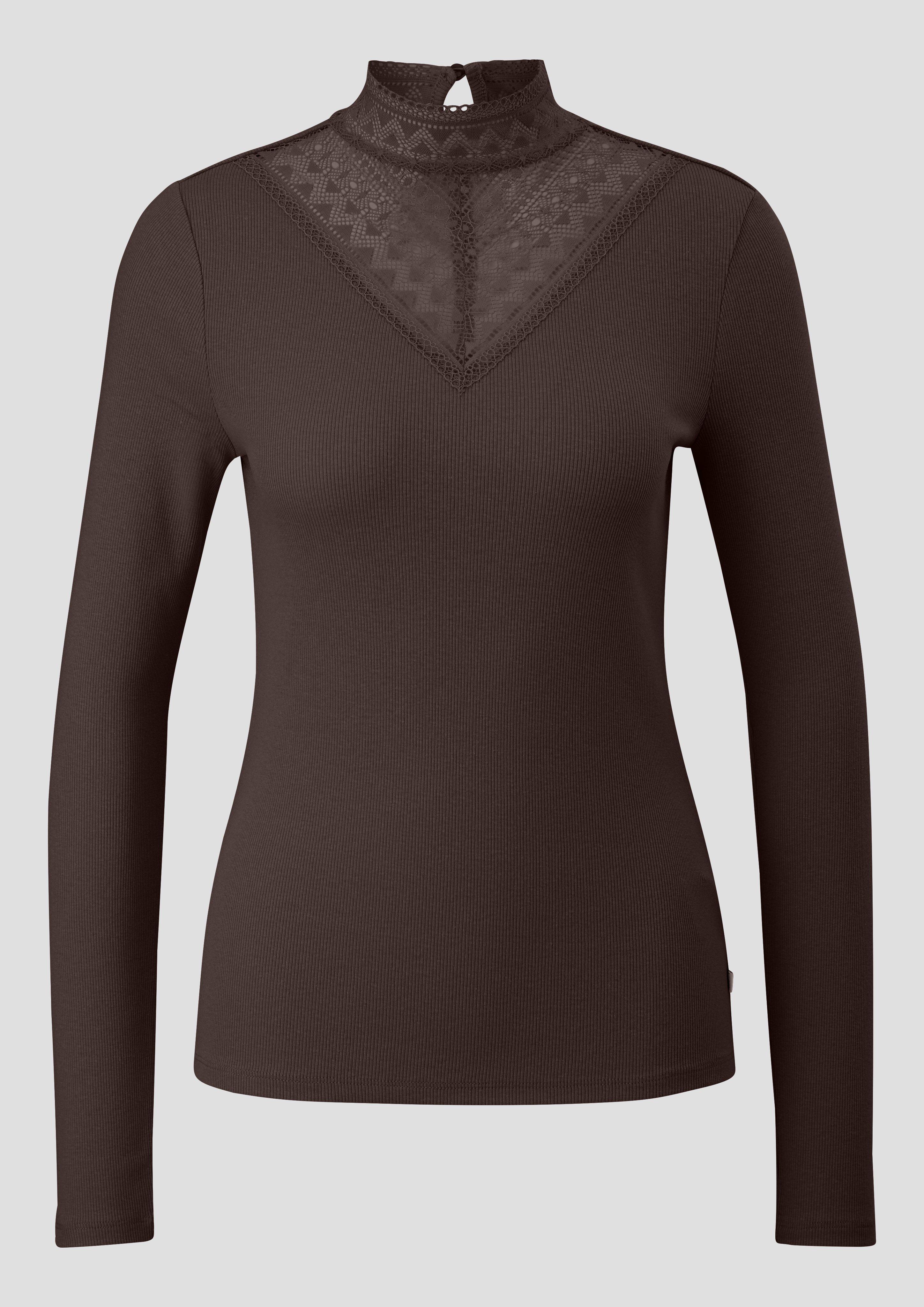 Femmes Chemise côtelée avec empiècement en dentelle et col montant en brun de QS