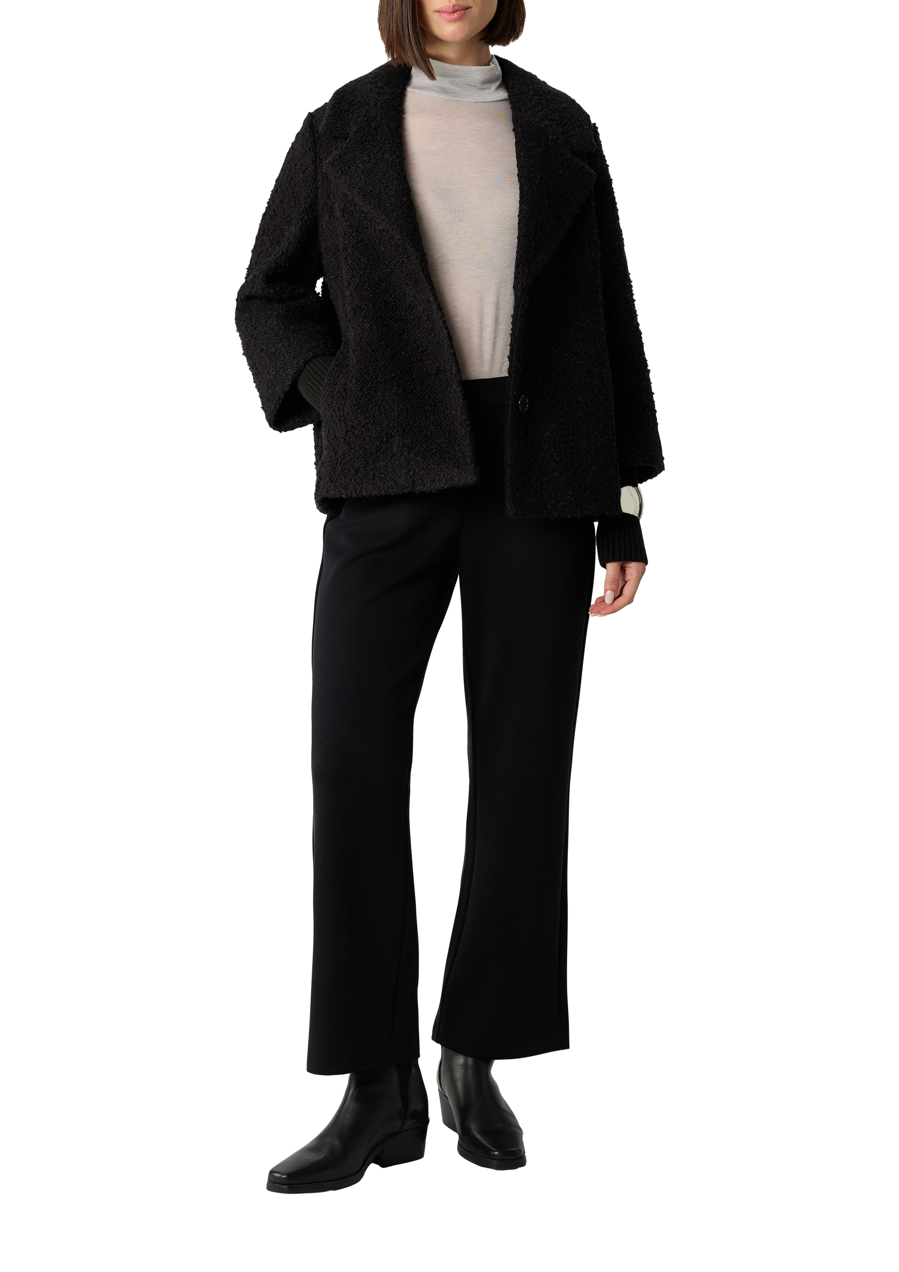 Short bouclé jacket with ribbed cuffs and lapel collar - Black | COMMA