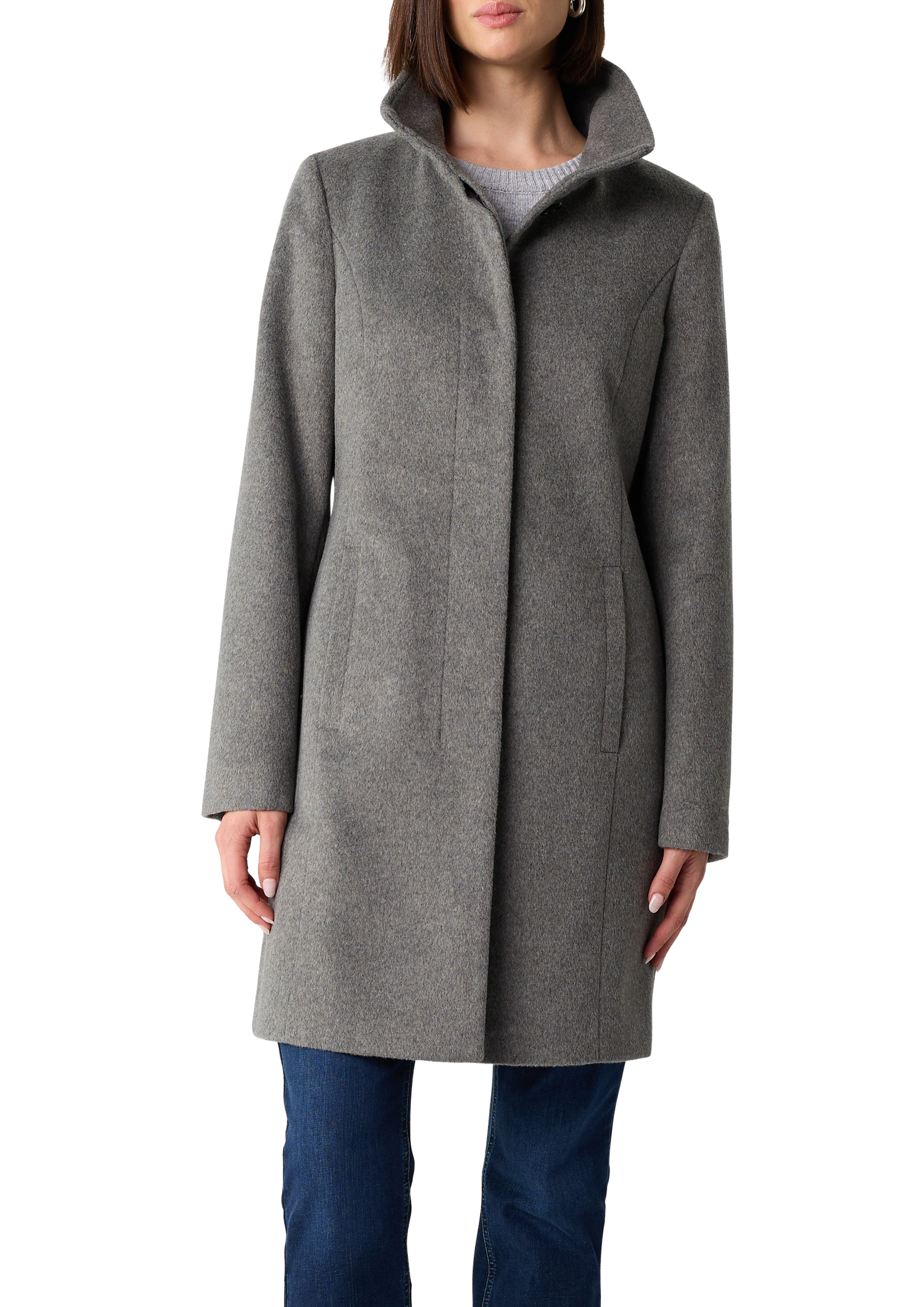 Fitted wool blend coat with stand-up collar