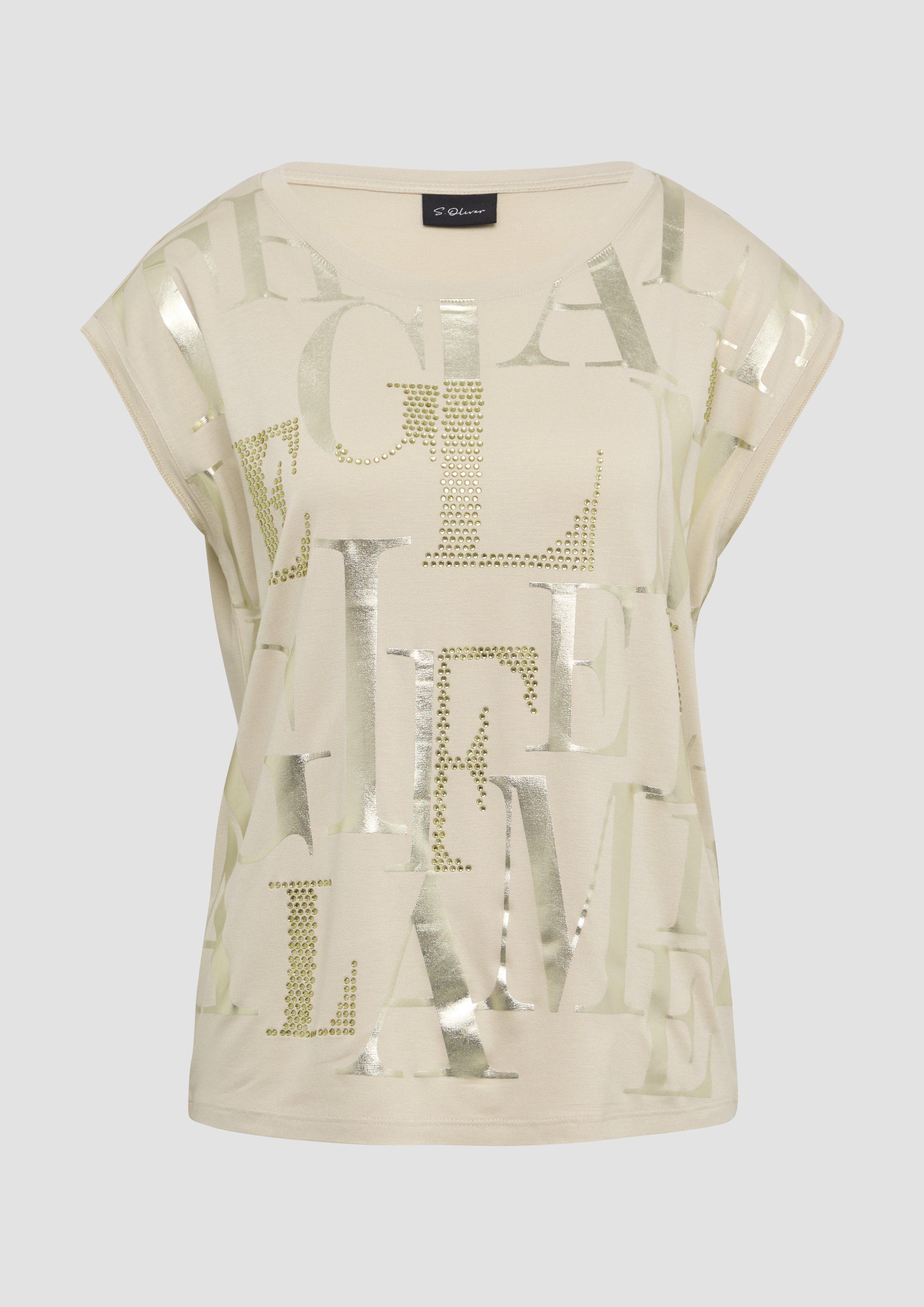 s.Oliver - T-Shirt mit glänzendem Folienprint, Damen, Beige