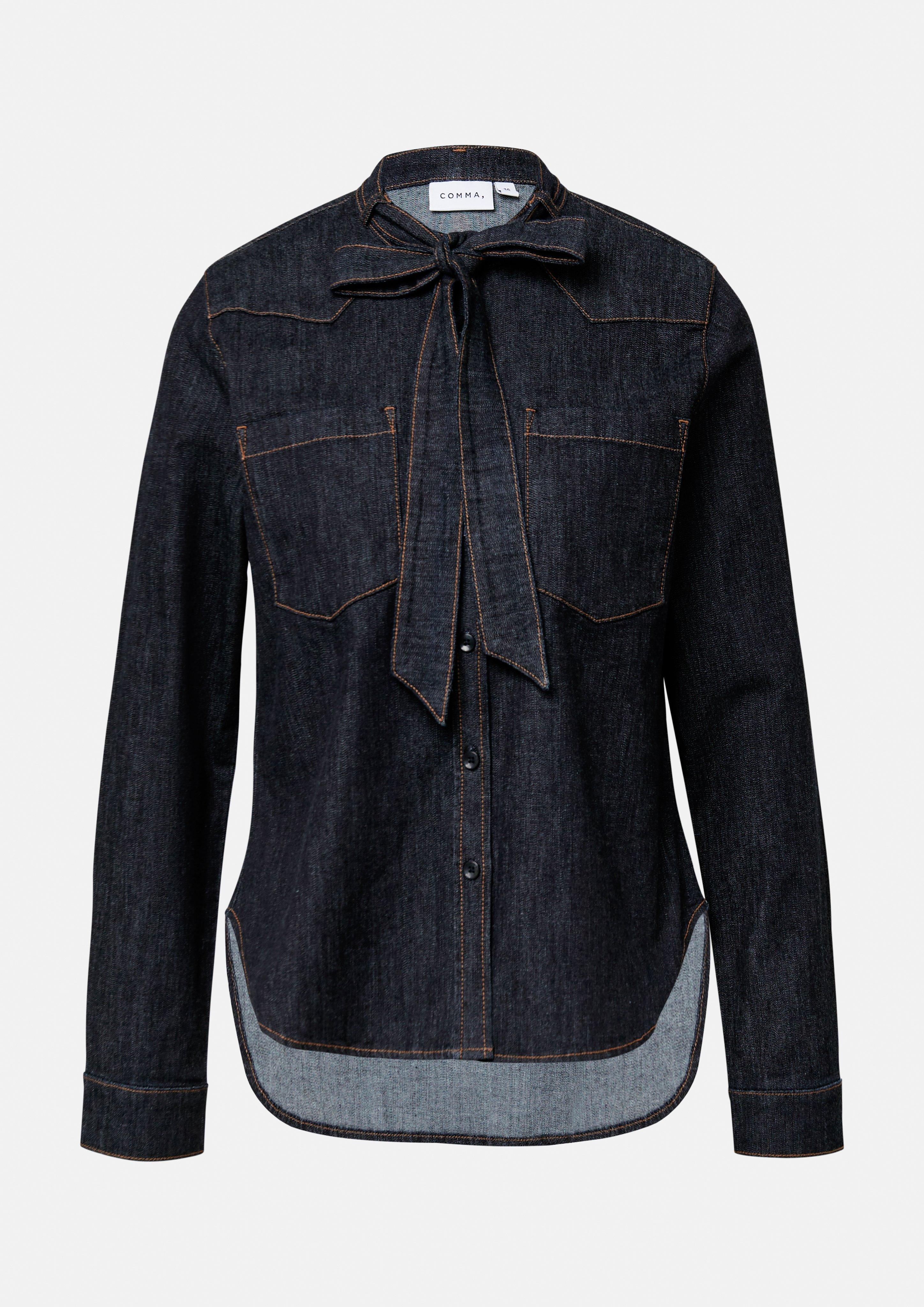 【YOURNUS】Tassel Denim Half Sleeve Soft denim shirt with a tie-neck - Blue | SCAYLE