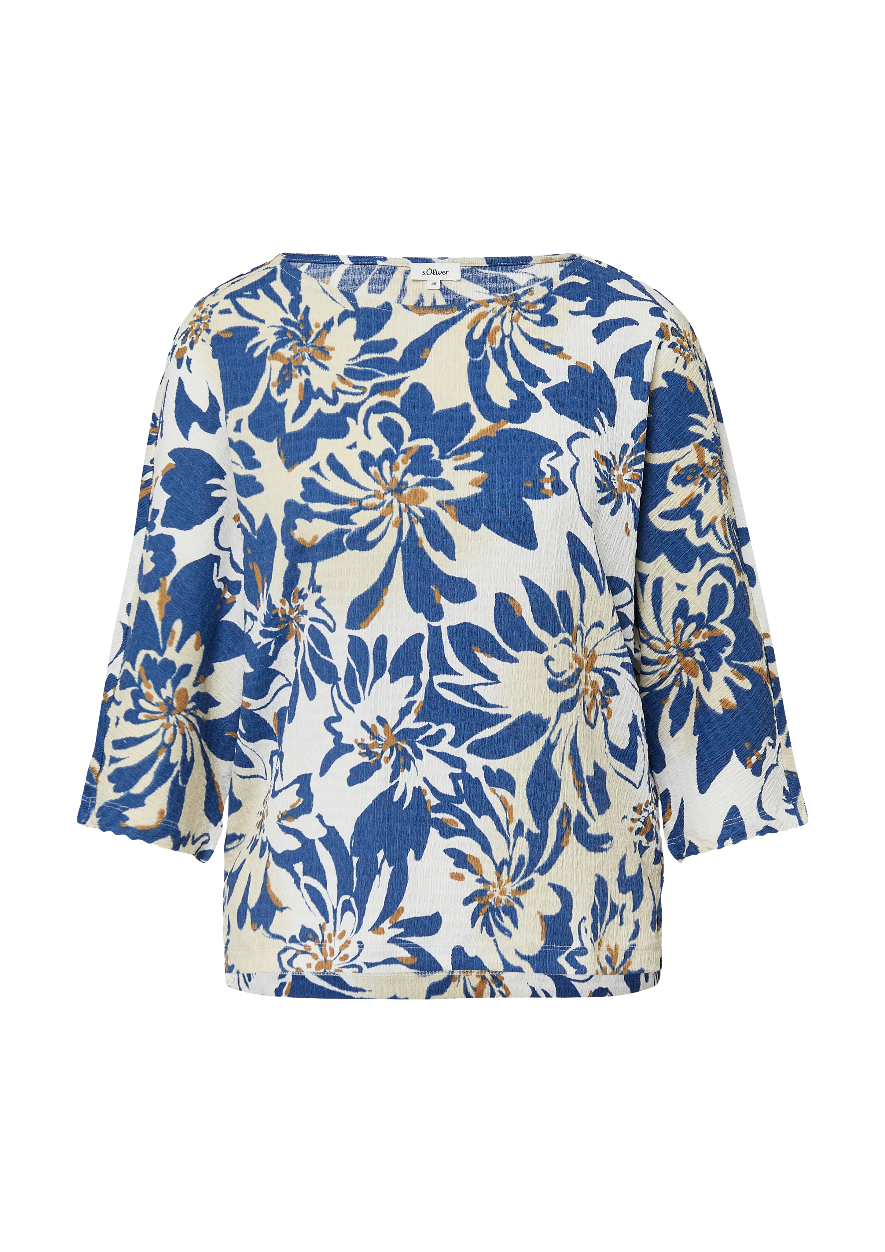 Strukturiertes Shirt mit 3/4-Fledermausärmeln und All-over-Print