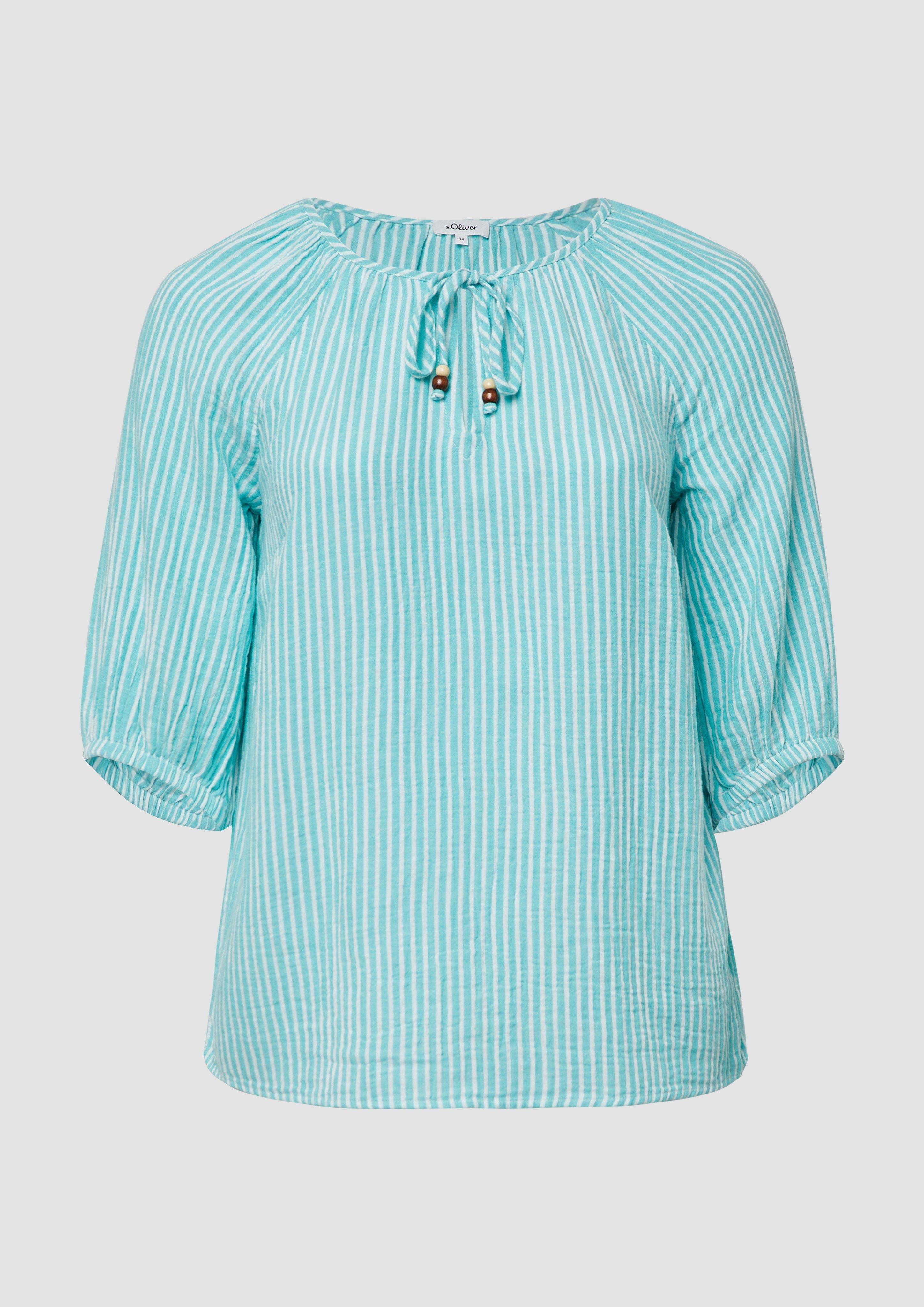 s.Oliver - Musselin-Bluse mit Raglanärmeln und Raffung, Damen, türkis|weiß