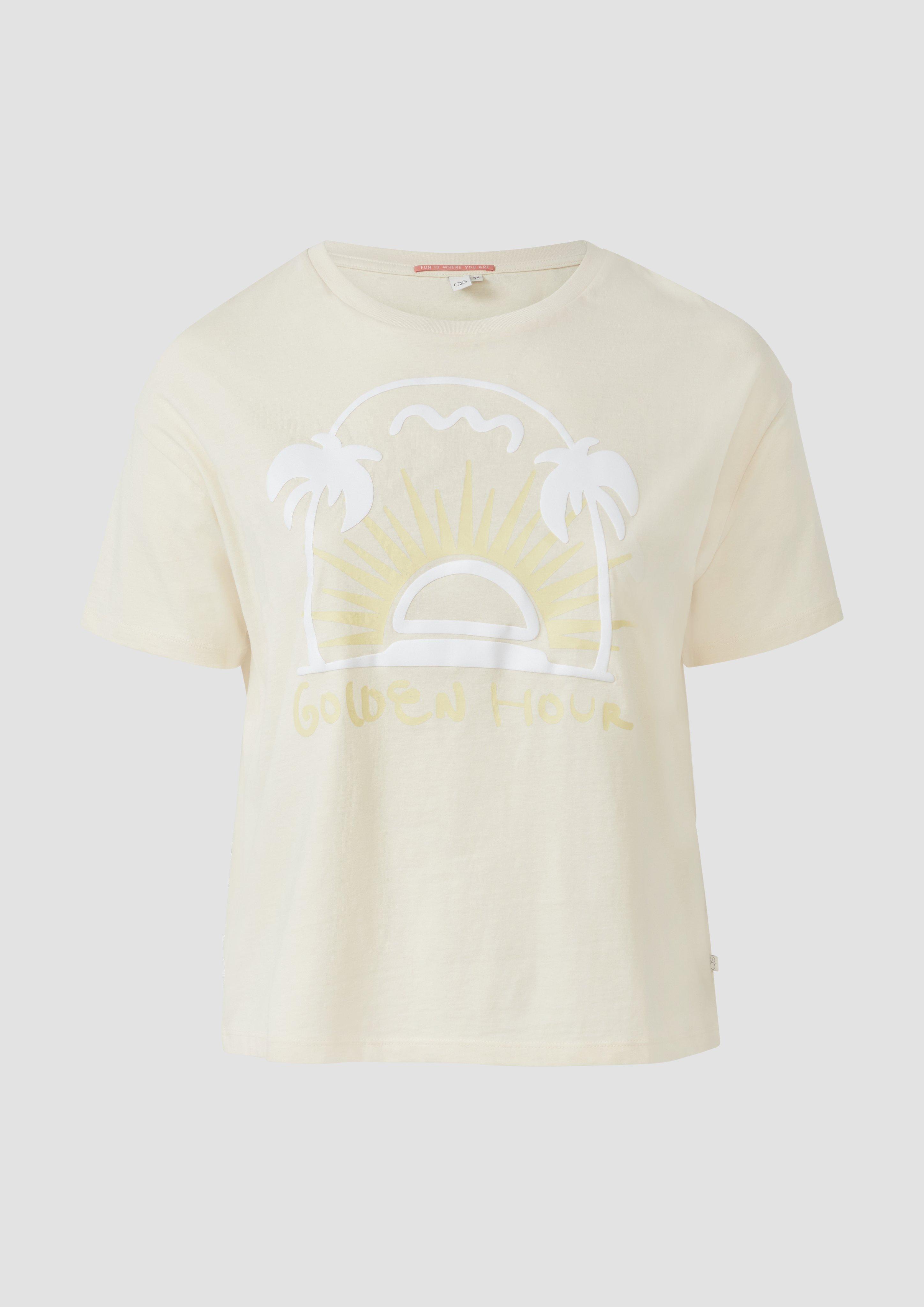 QS - Baumwollshirt mit Frontprint, Damen, Beige