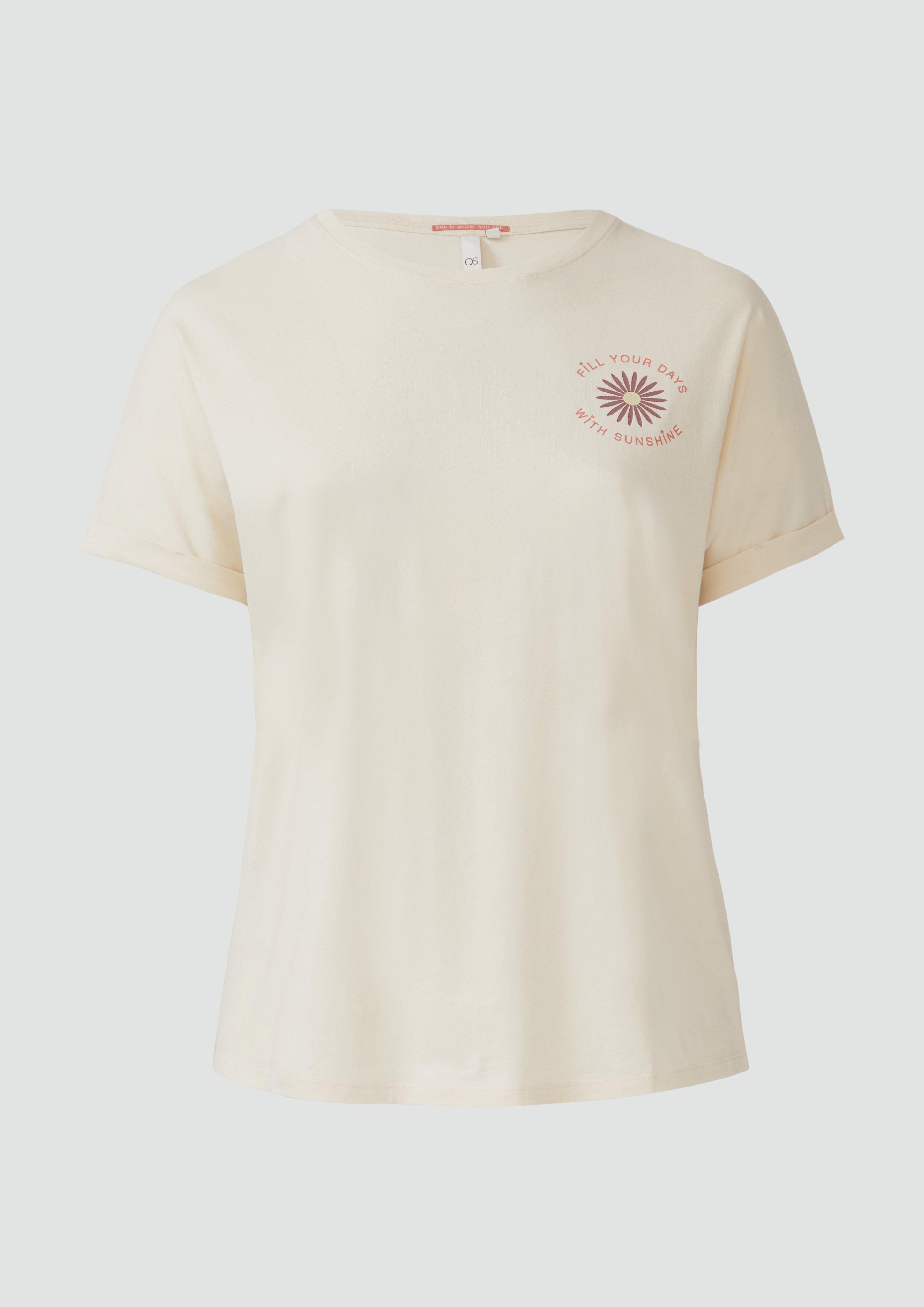 QS - Lockeres T- Shirt mit Ärmelaufschlag und Frontprint, Damen, Beige