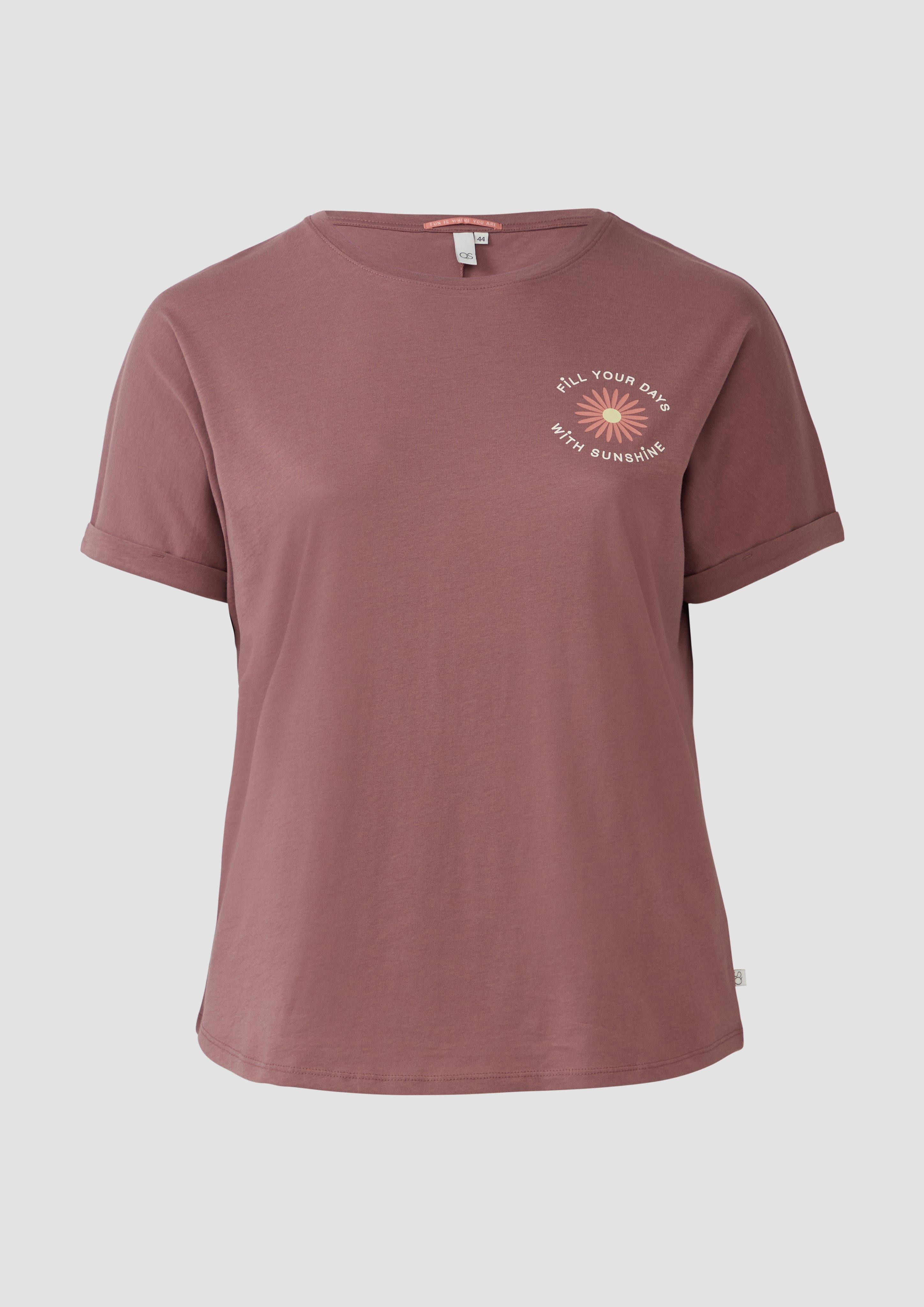 QS - Lockeres T- Shirt mit Ärmelaufschlag und Frontprint, Damen, Rosa