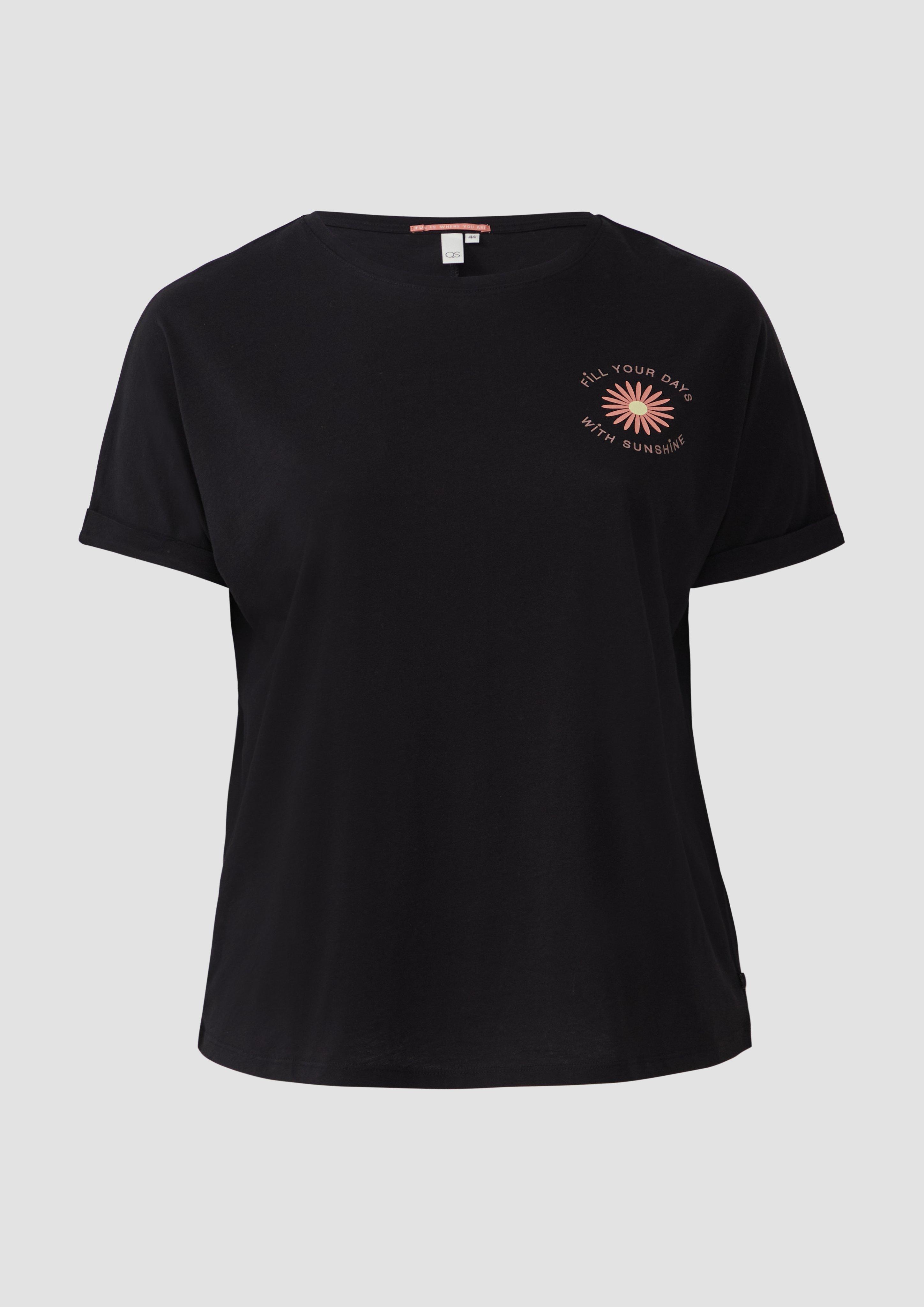 QS - Lockeres T- Shirt mit Ärmelaufschlag und Frontprint, Damen, schwarz