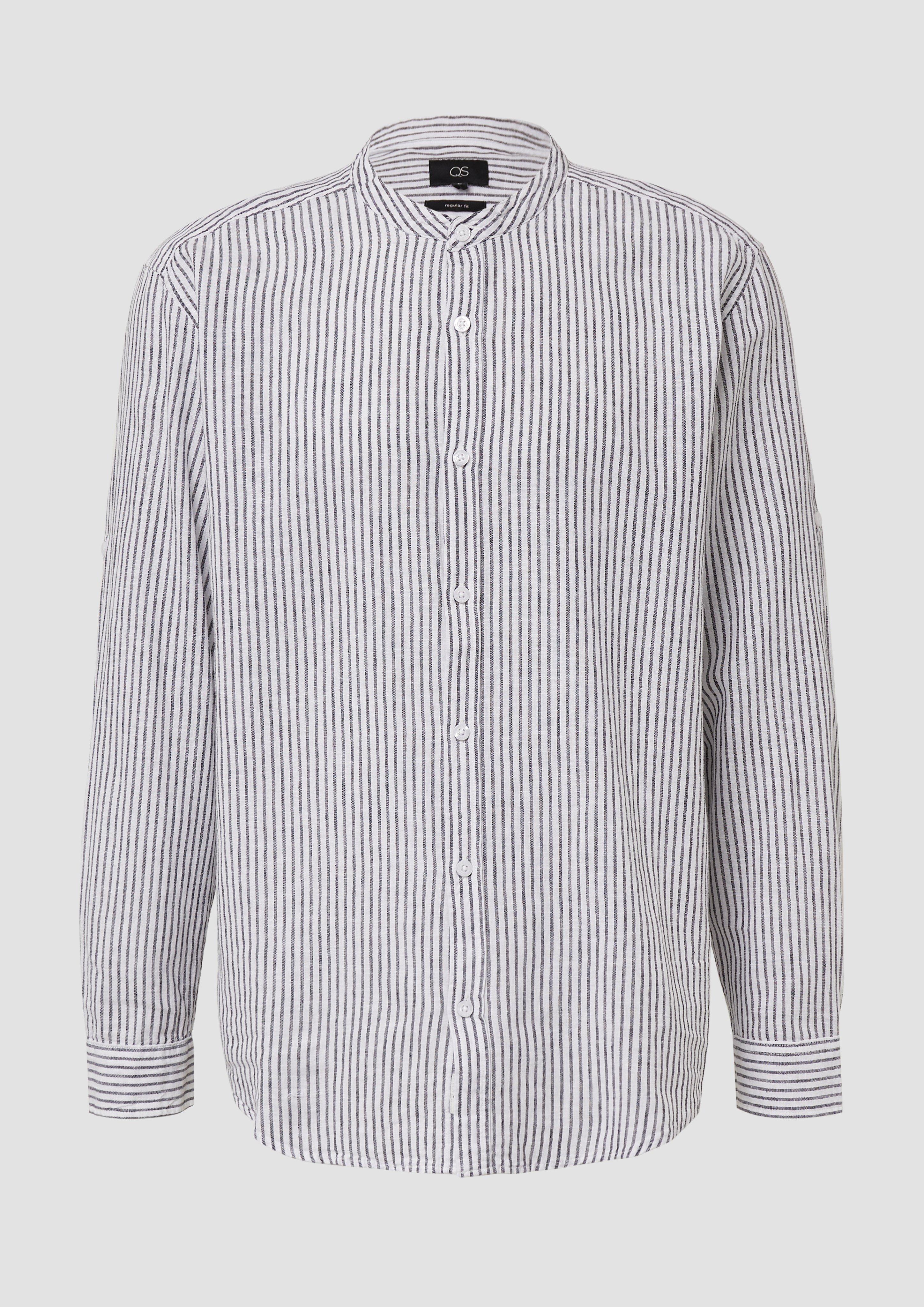QS - Regular Fit: Gestreiftes Leinnemix-Hemd mit Krempelärmeln, Herren, schwarz