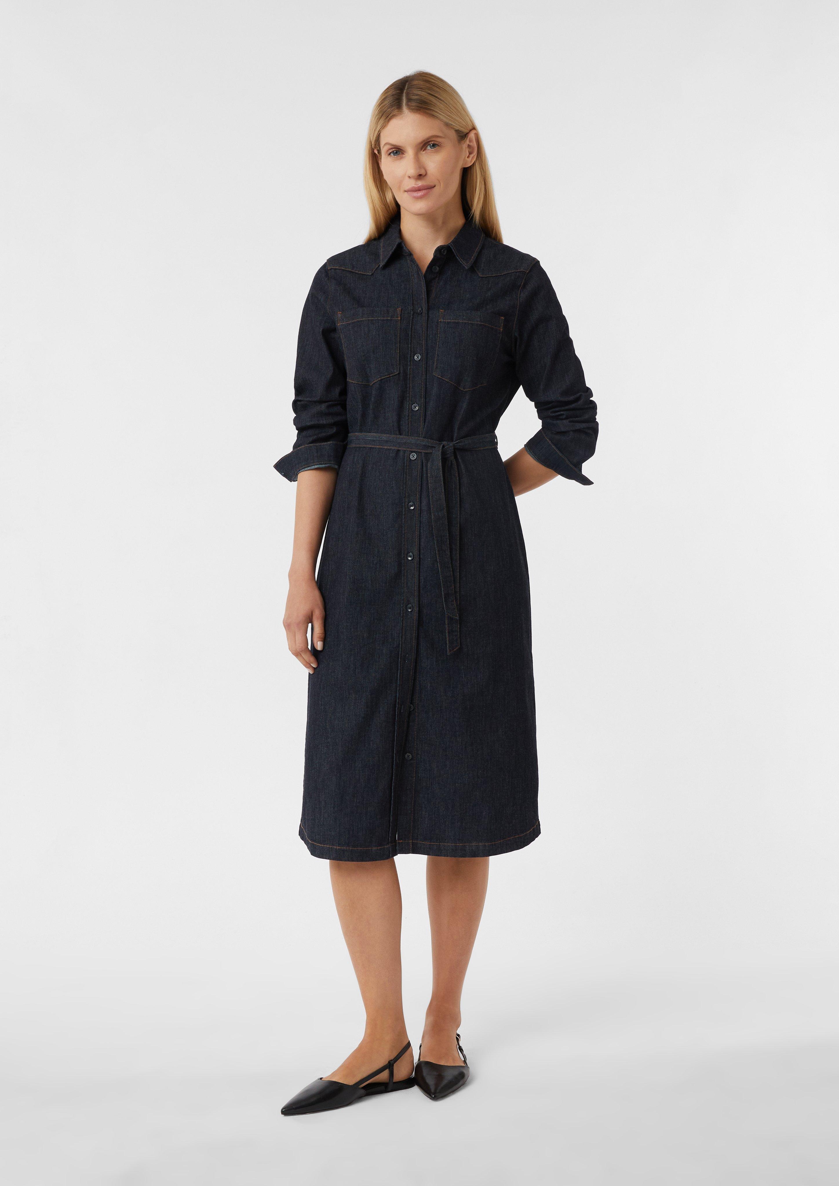 Lightweight denim dress in midi length with tie belt - Blue