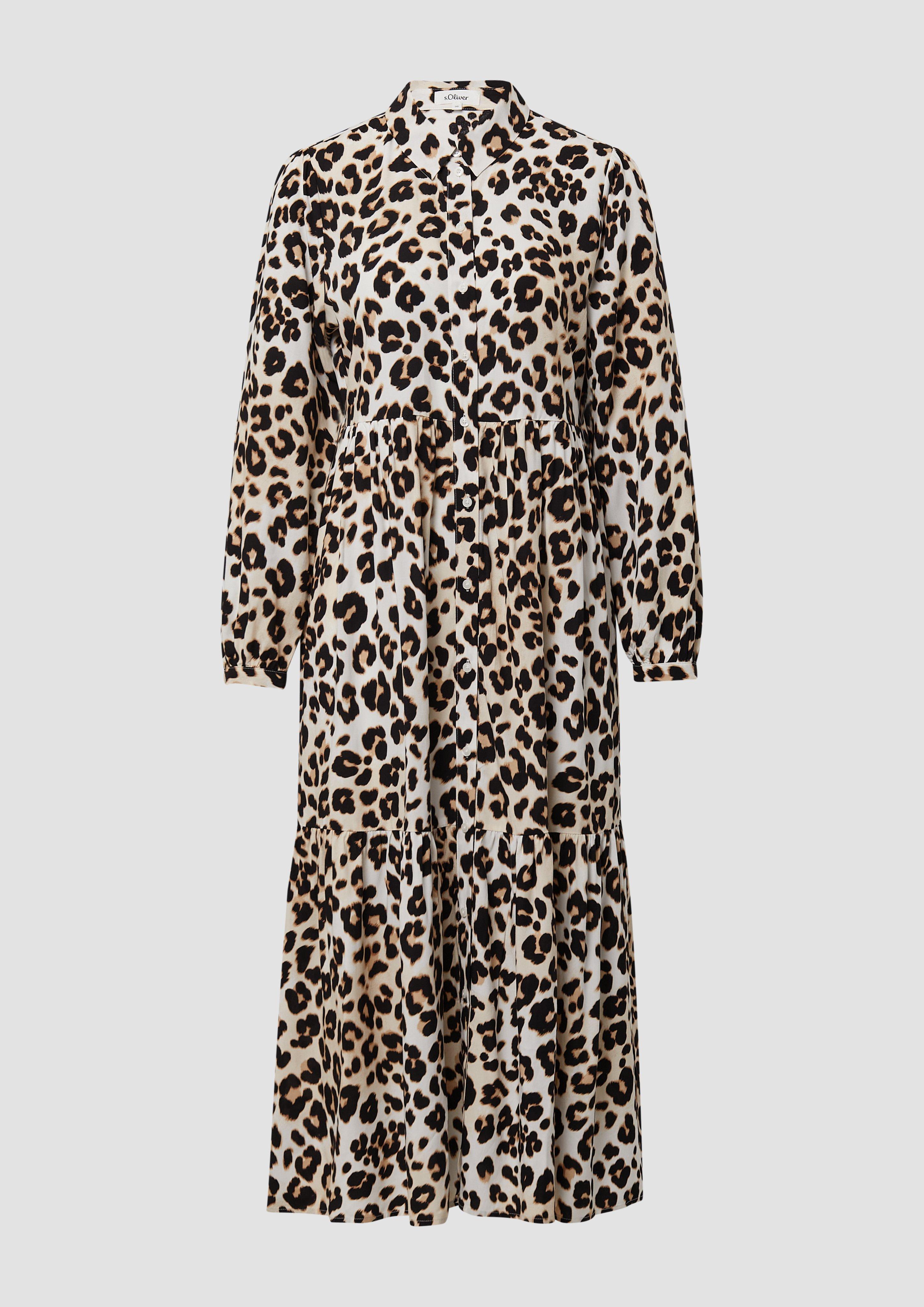 s.Oliver - Viskose-Kleid in Midi-Länge mit Leo-Muster, Damen, creme