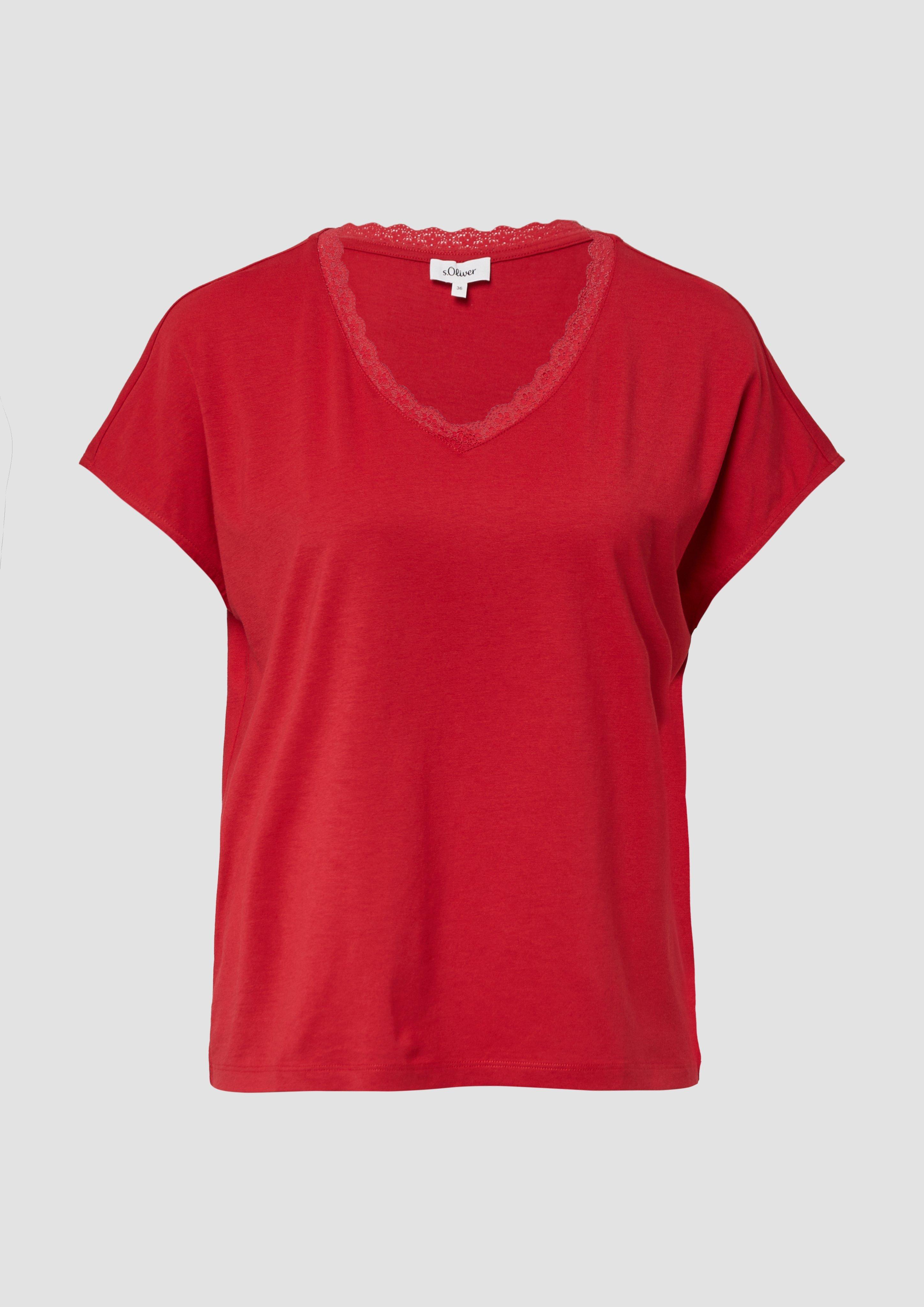 s.Oliver - T-Shirt mit Spitze aus Modalmix, Damen, rot