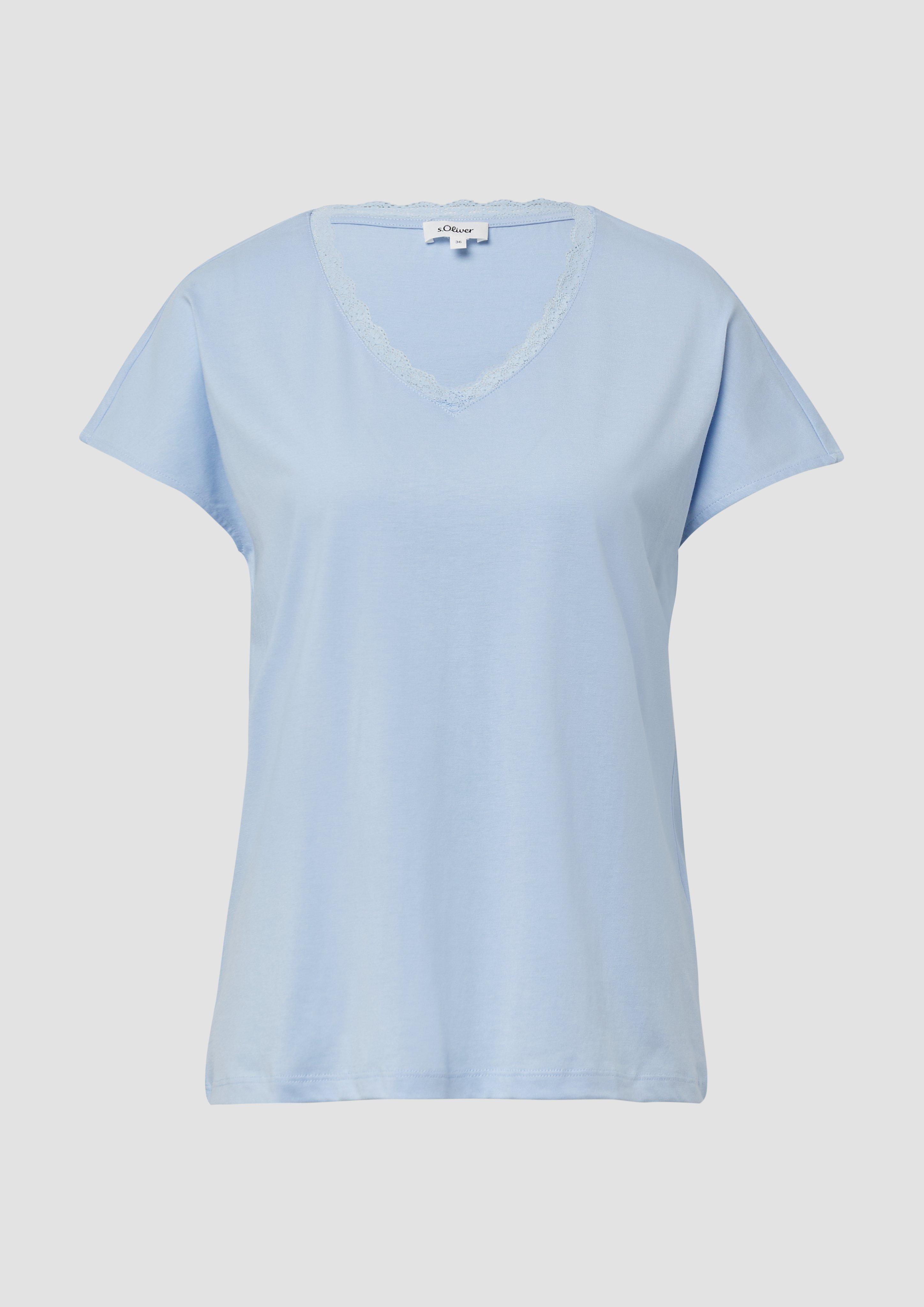 s.Oliver - T-Shirt mit Spitze aus Modalmix, Damen, blau