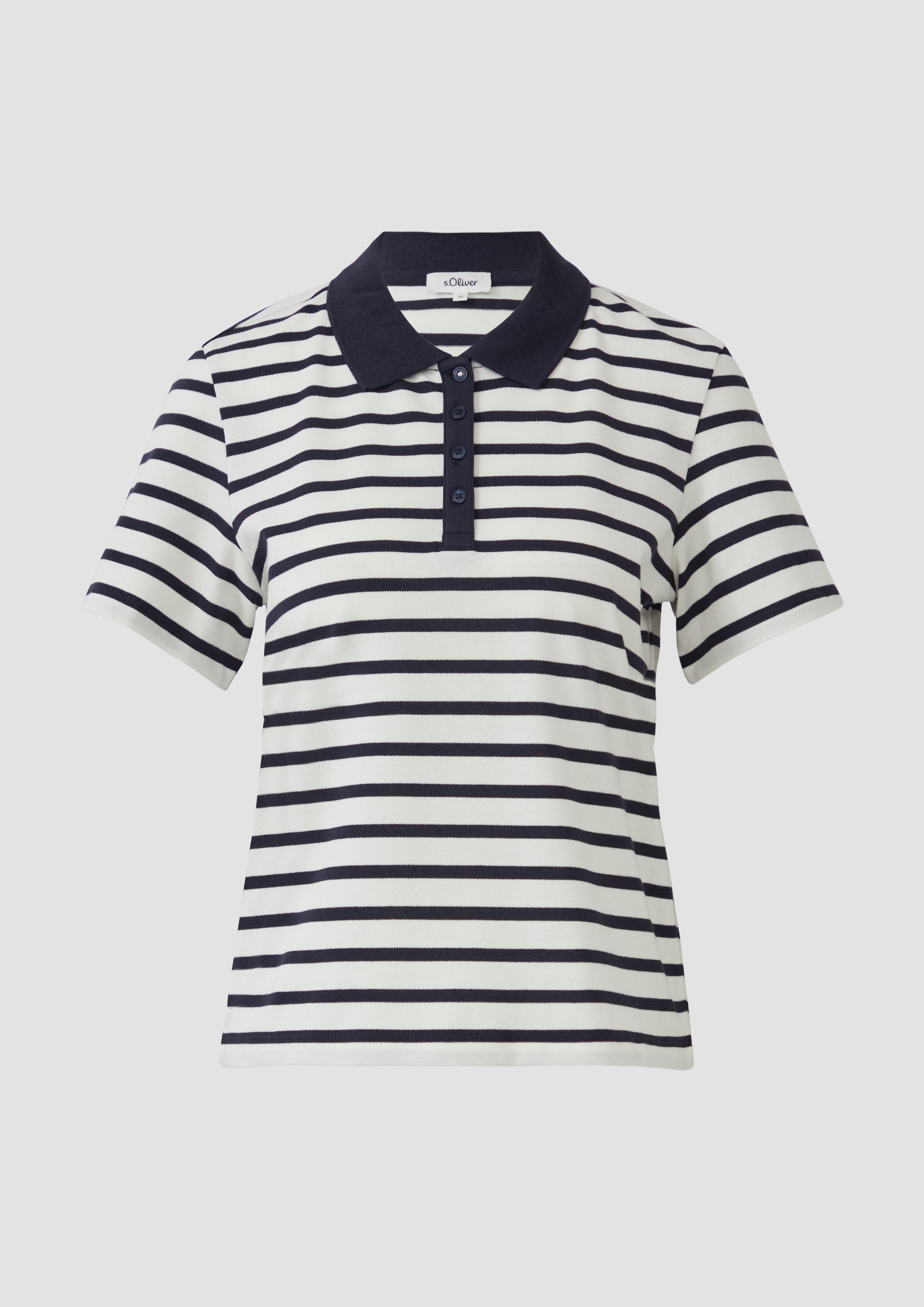s.Oliver - Verkürztes Poloshirt aus Baumwollpiqué, Damen, blau|creme
