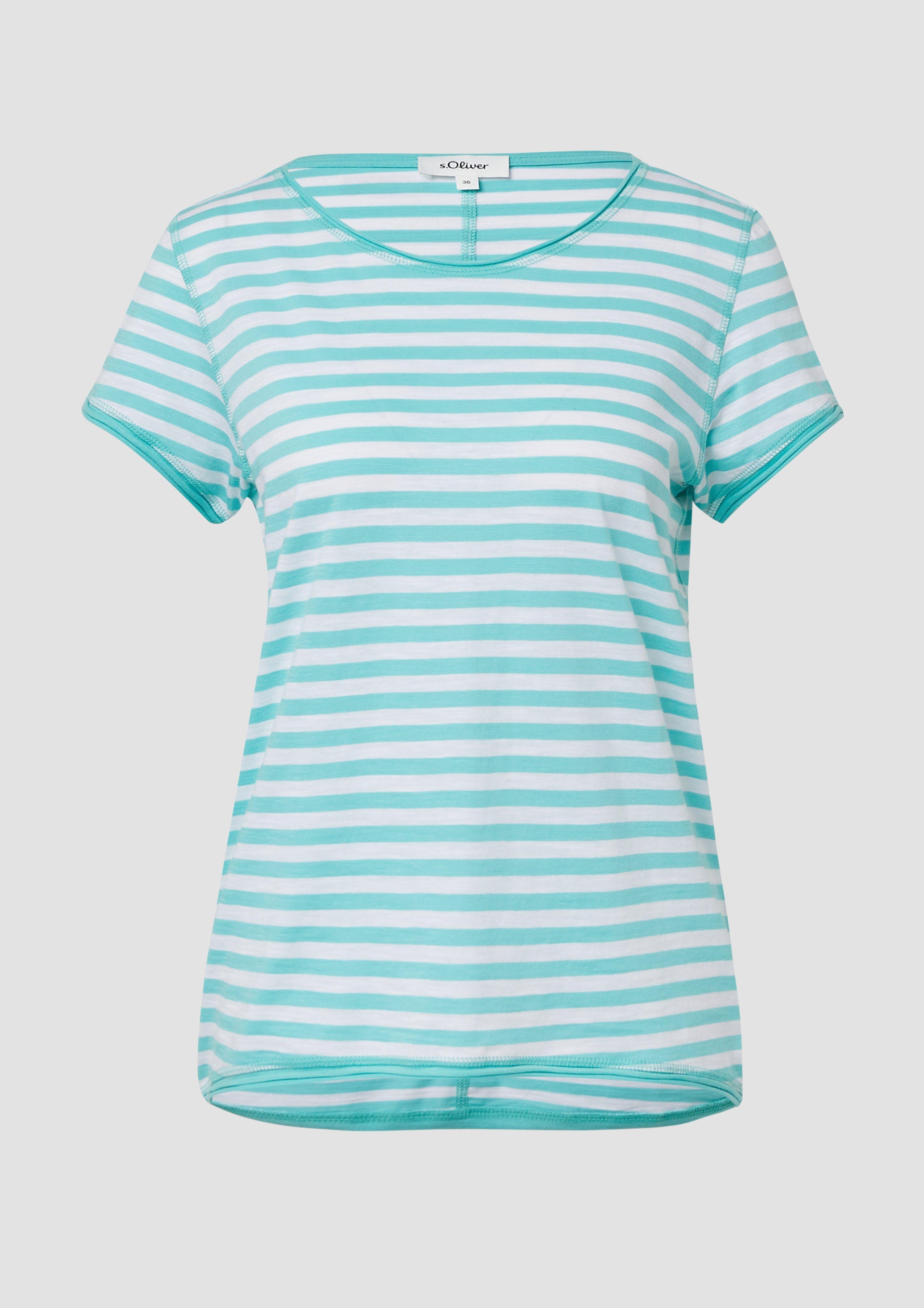 s.Oliver - T-Shirt mit Rollkanten und Flammgarnstruktur, Damen, weiß|türkis