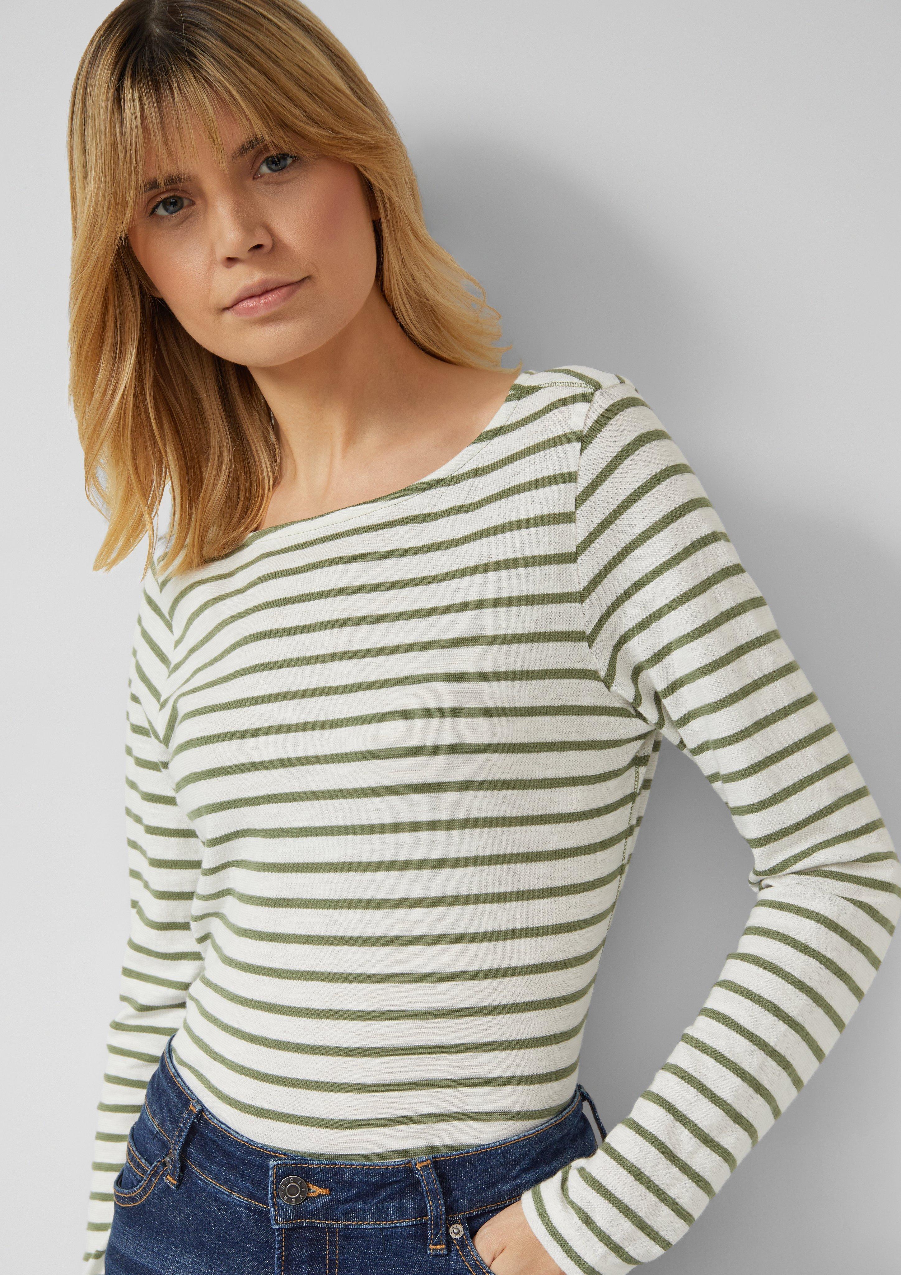 Thumbnail - Gestreiftes Langarmshirt aus Flammgarm mit U-Boot-Ausschnitt