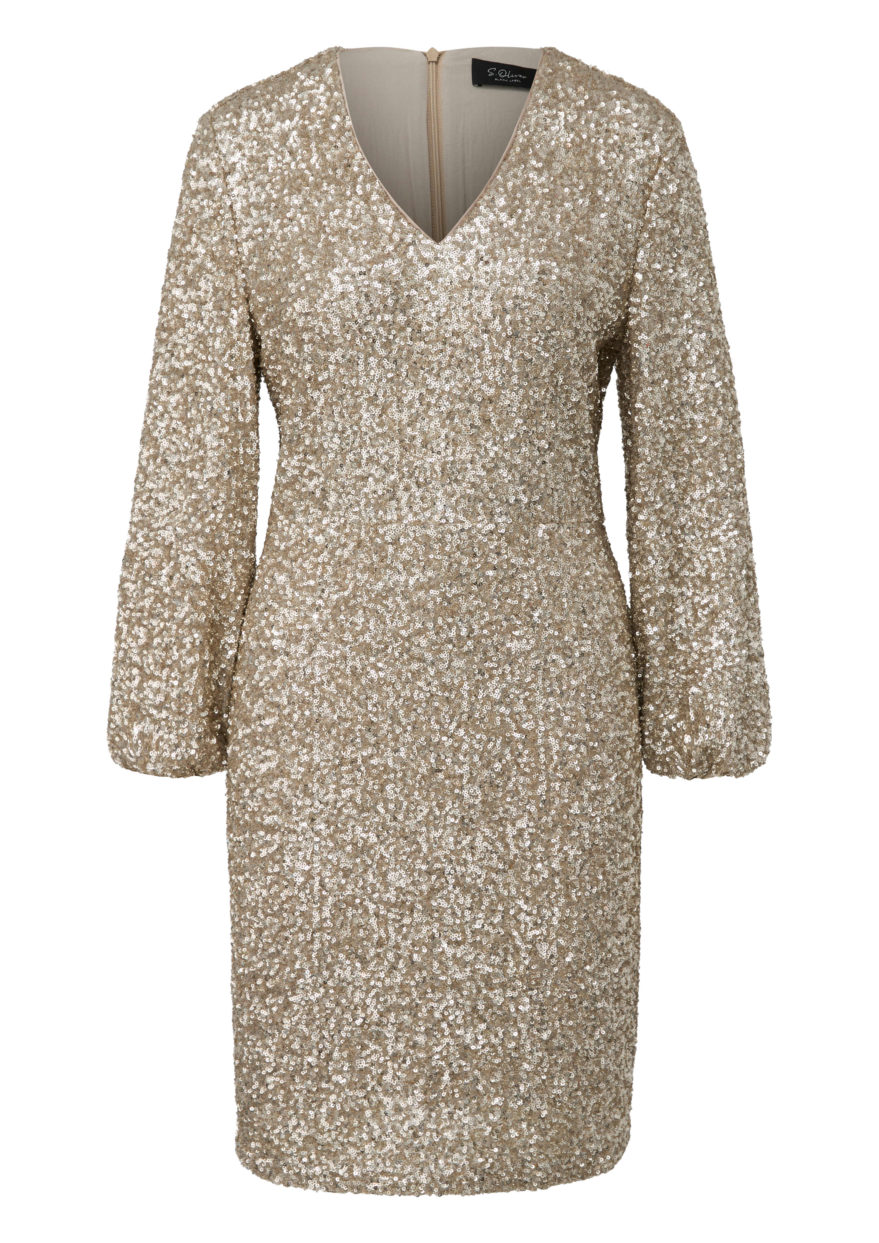 Robe courte en satin avec paillettes et décolleté en V Beige s