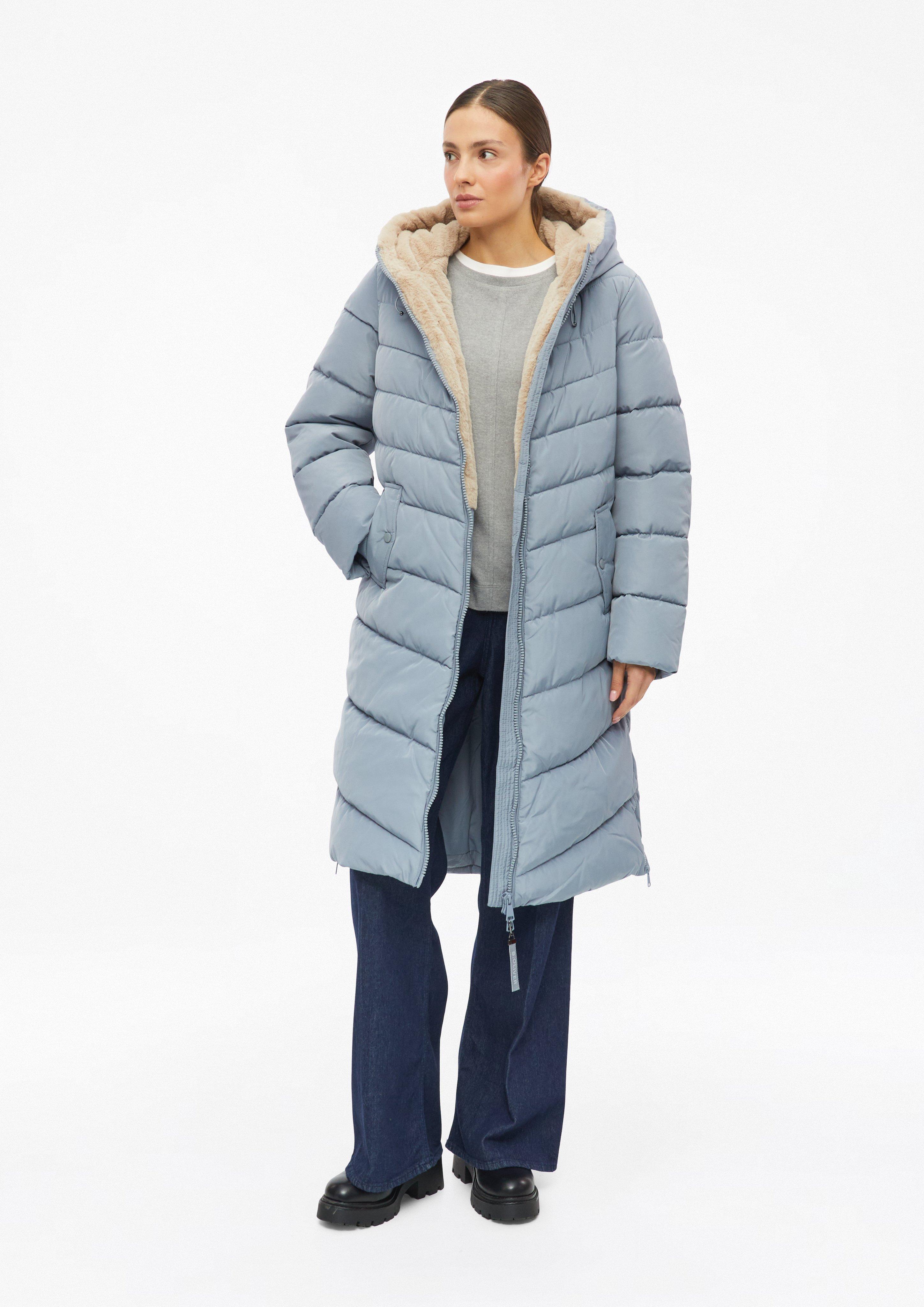 Dames Pufferjas met voering in bontlook in blauw van s.Oliver