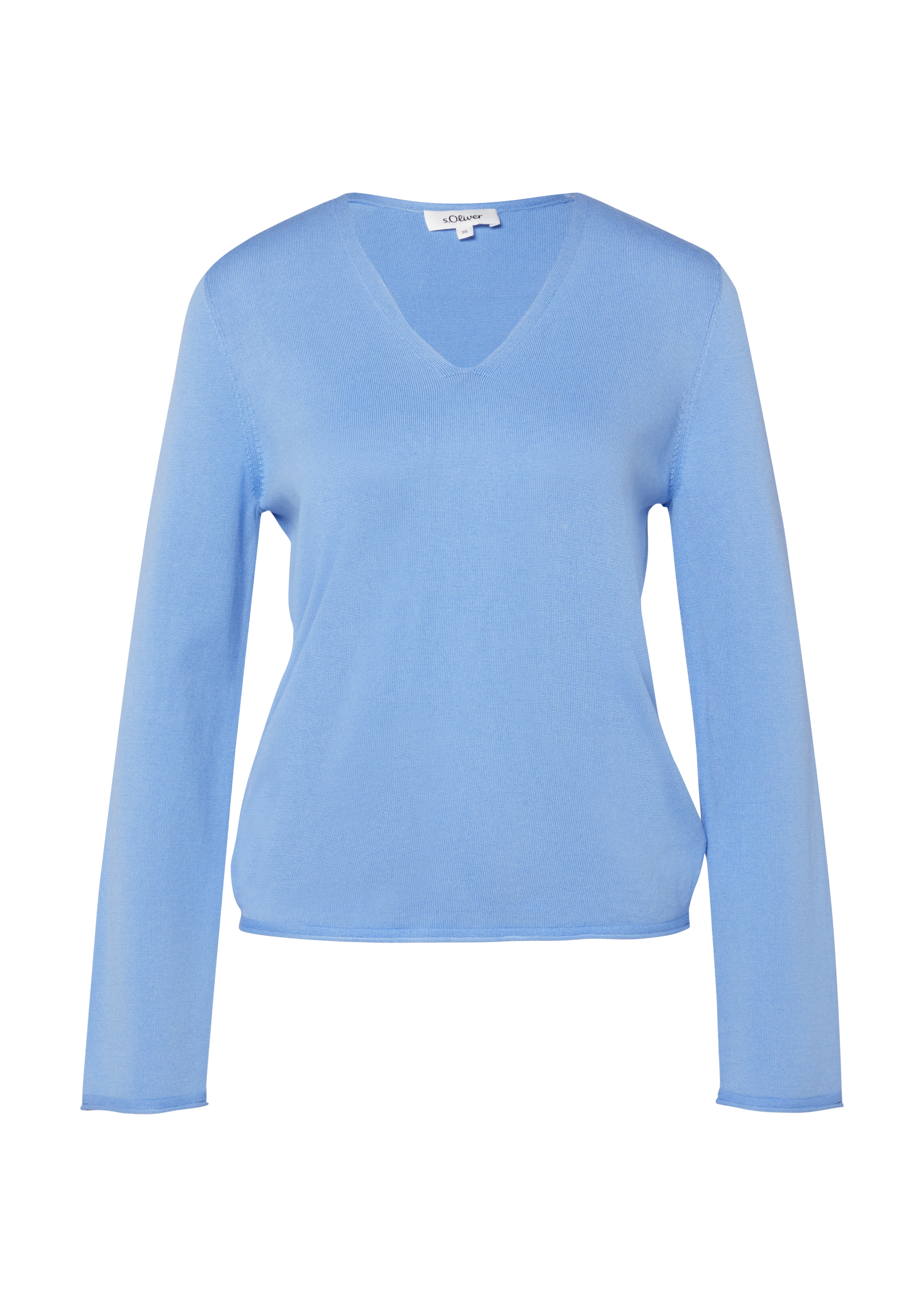 Dames Fijngebreide trui met V-hals en rolrandje aan de zoom in blauw van s.Oliver