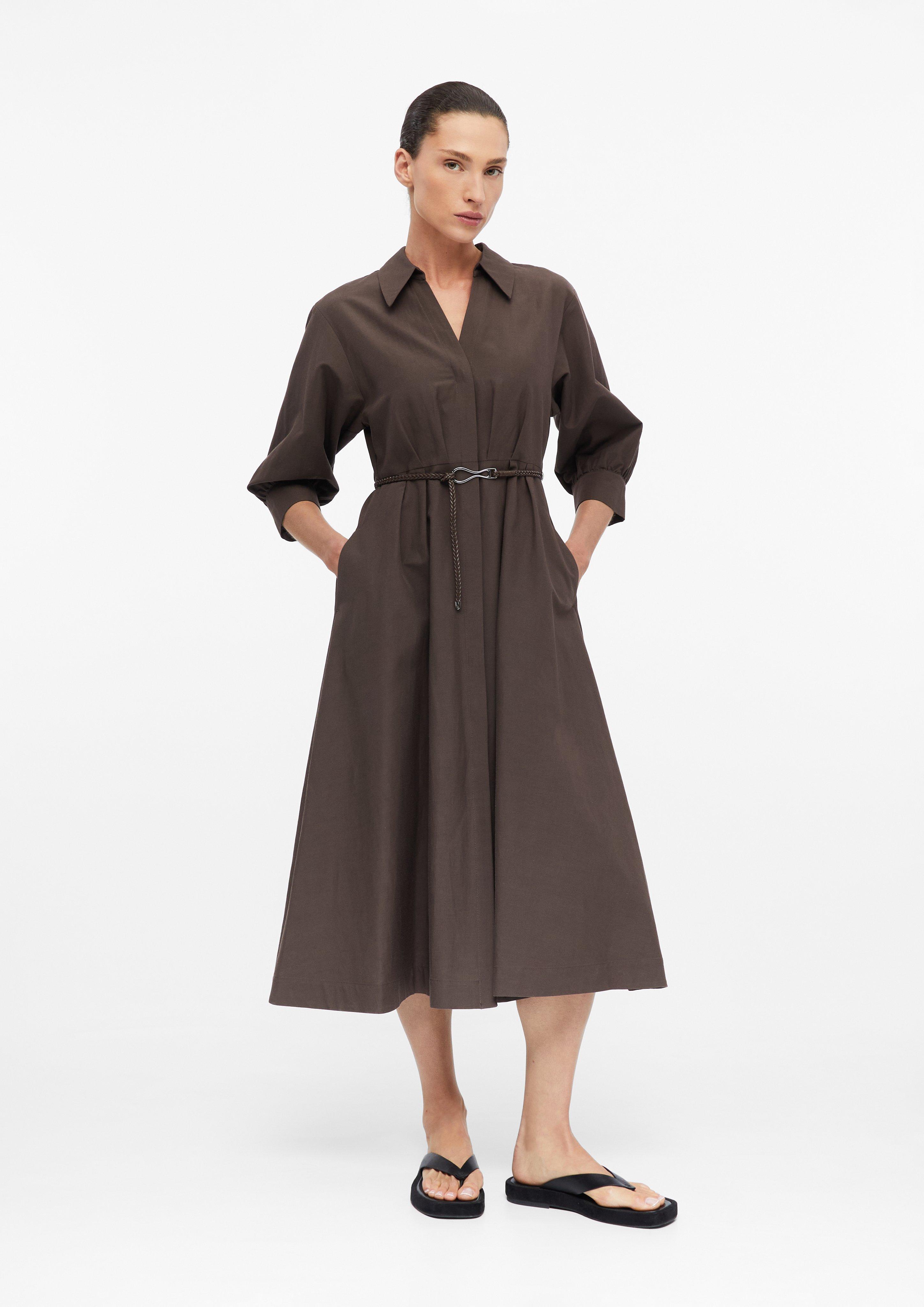 Linen-blend shirt dress with belt in brown by COMMA