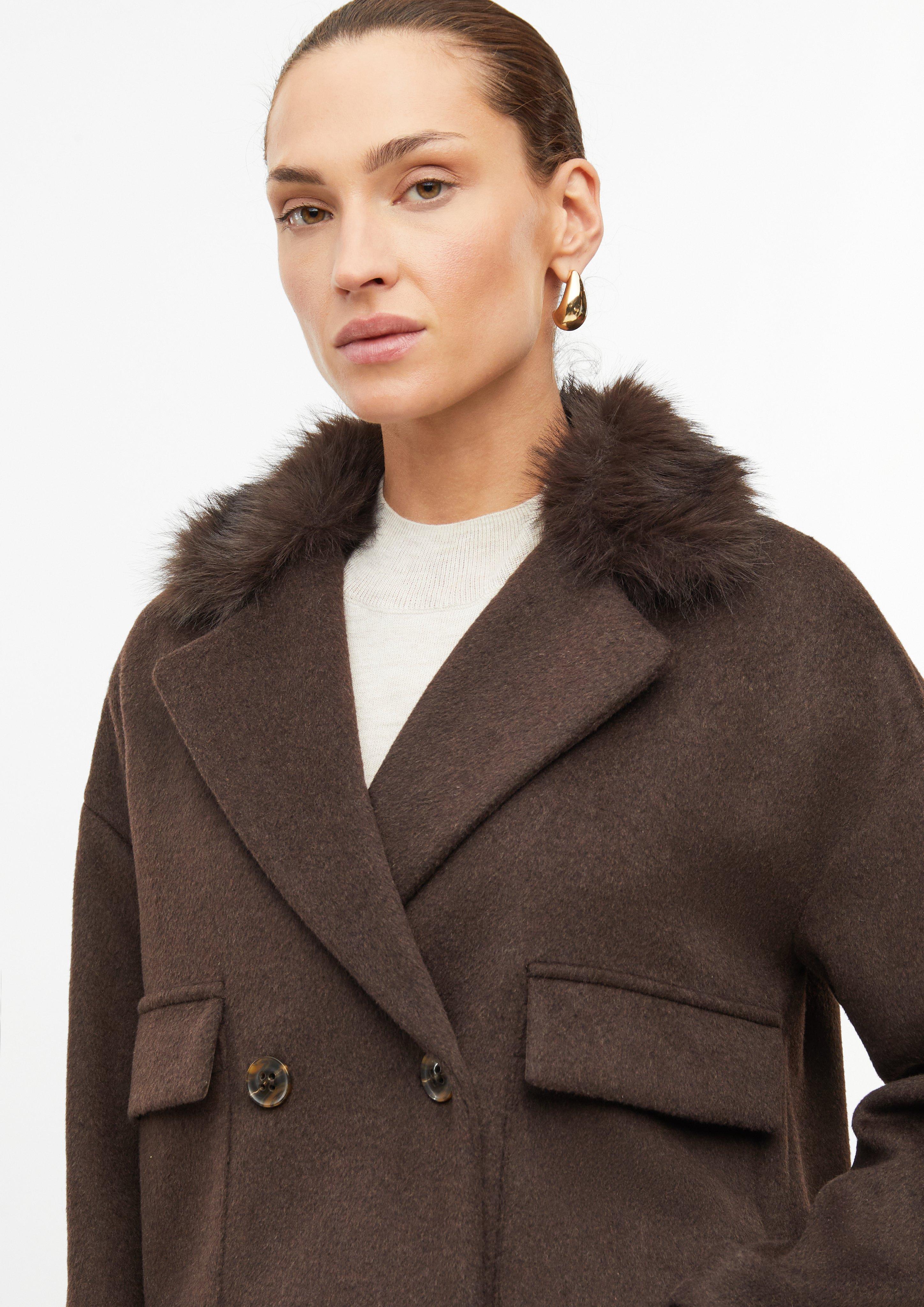 Women Boxy Jacket with Faux Fur Collar in brown by s.Oliver BLACK LABEL