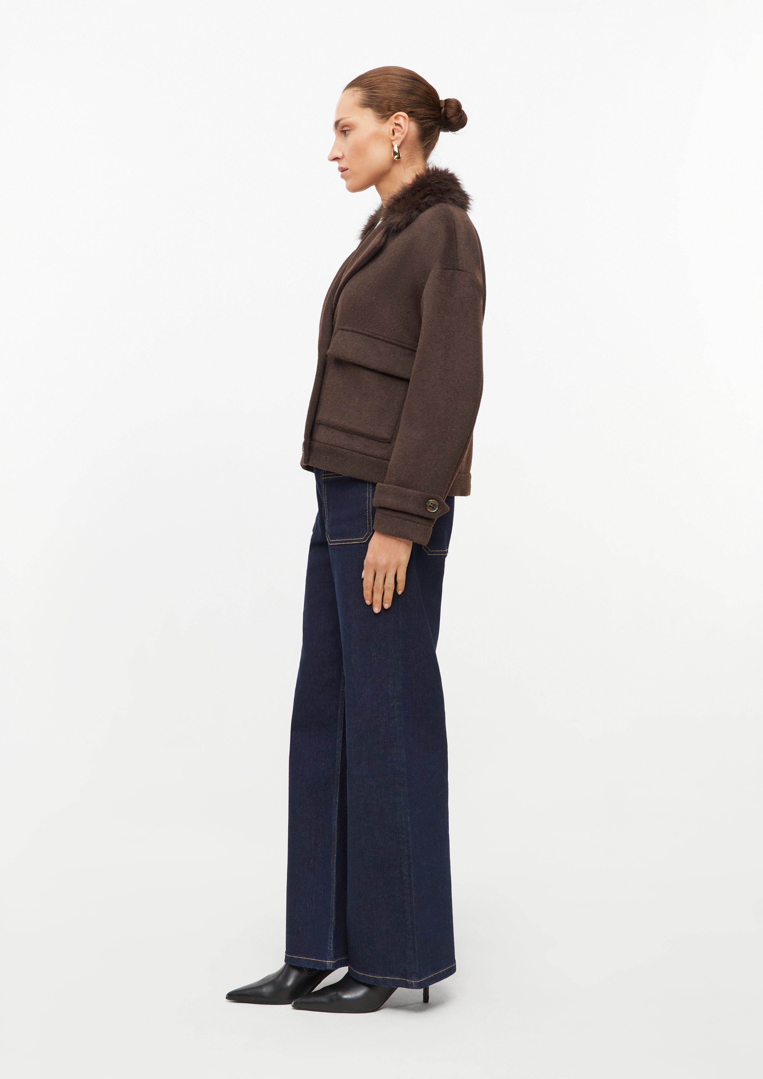 Women Boxy Jacket with Faux Fur Collar in brown by s.Oliver BLACK LABEL
