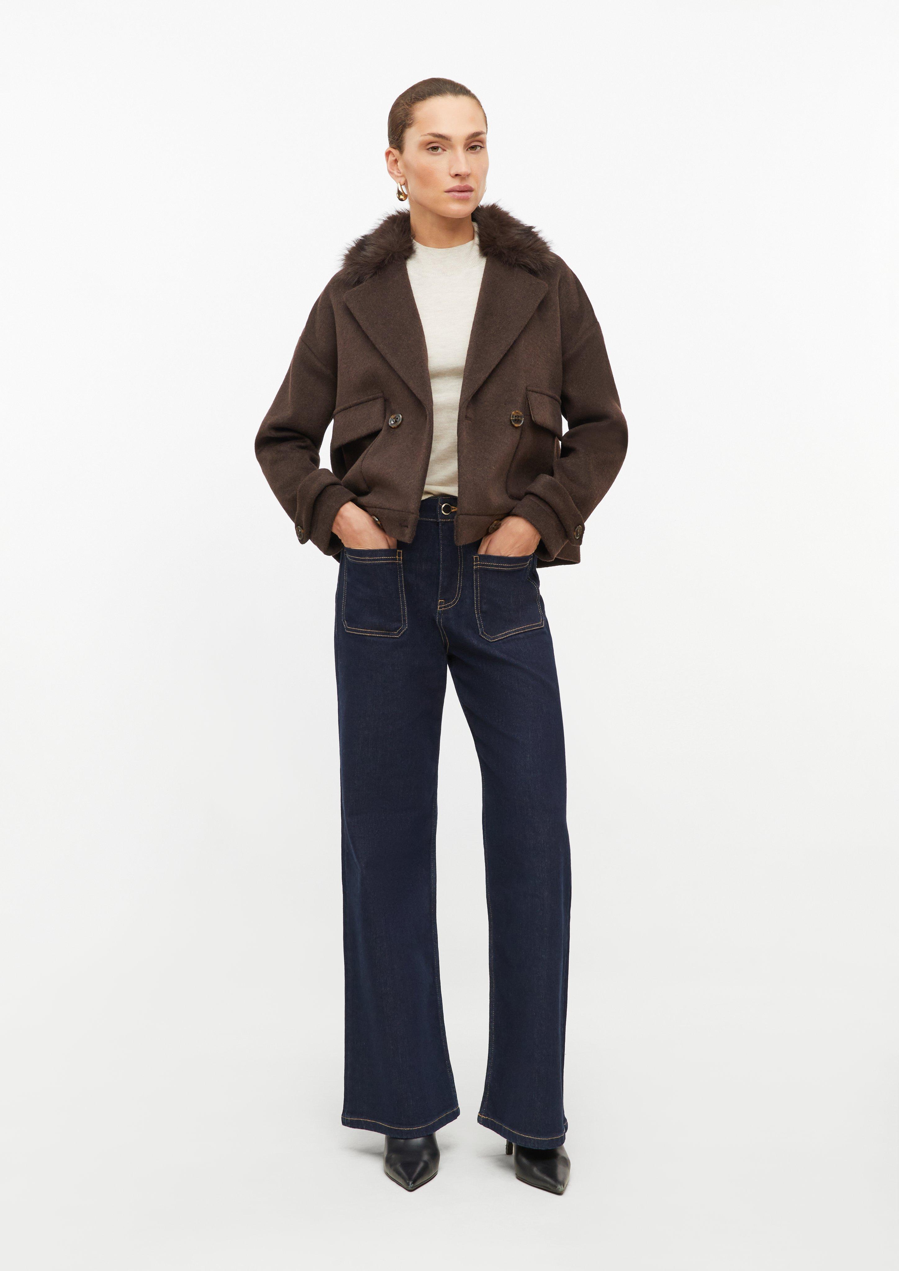 Women Boxy Jacket with Faux Fur Collar in brown by s.Oliver BLACK LABEL