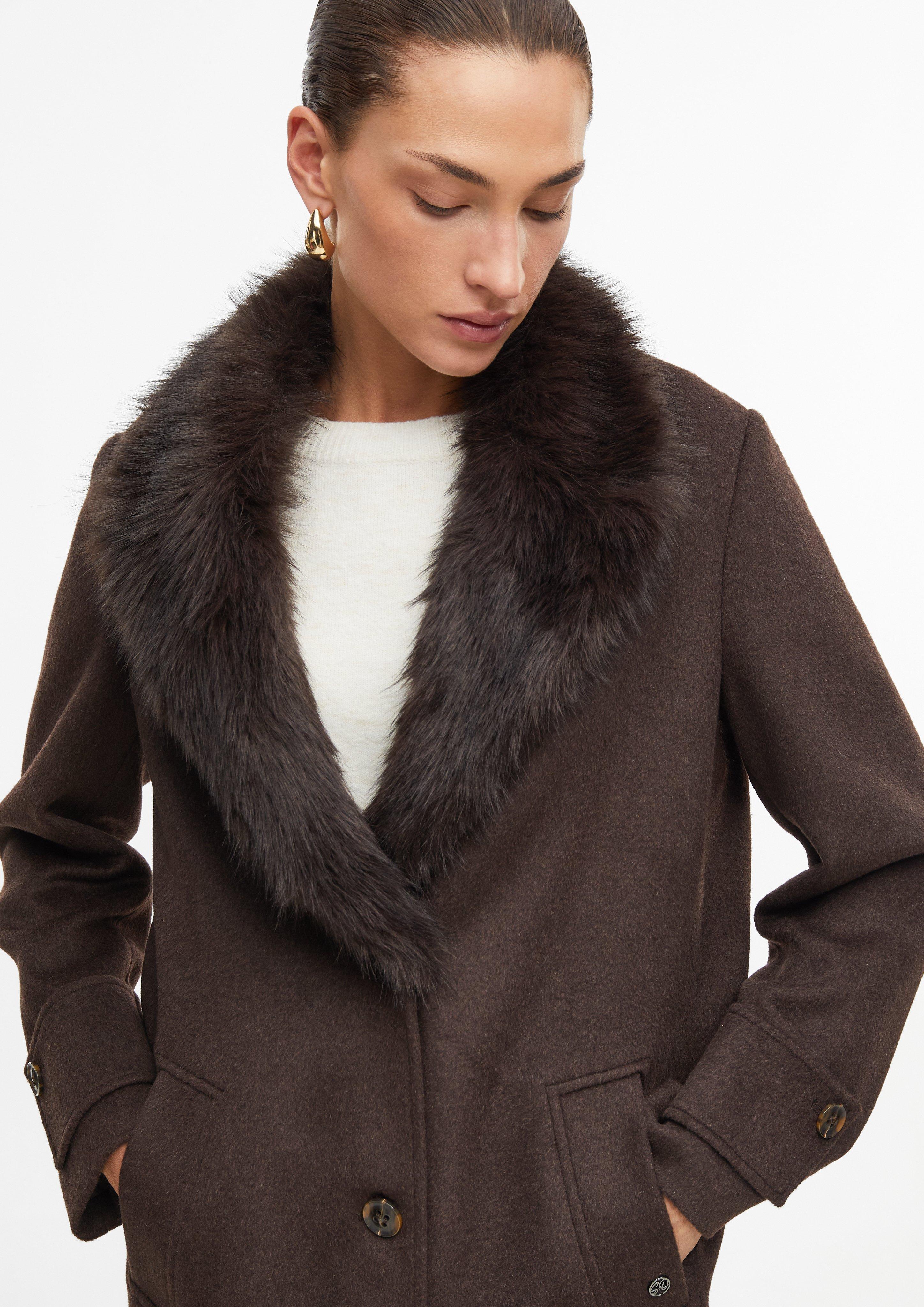 Femmes Manteau en laine mélangée avec col en fausse fourrure amovible en brun de s.Oliver BLACK LABEL