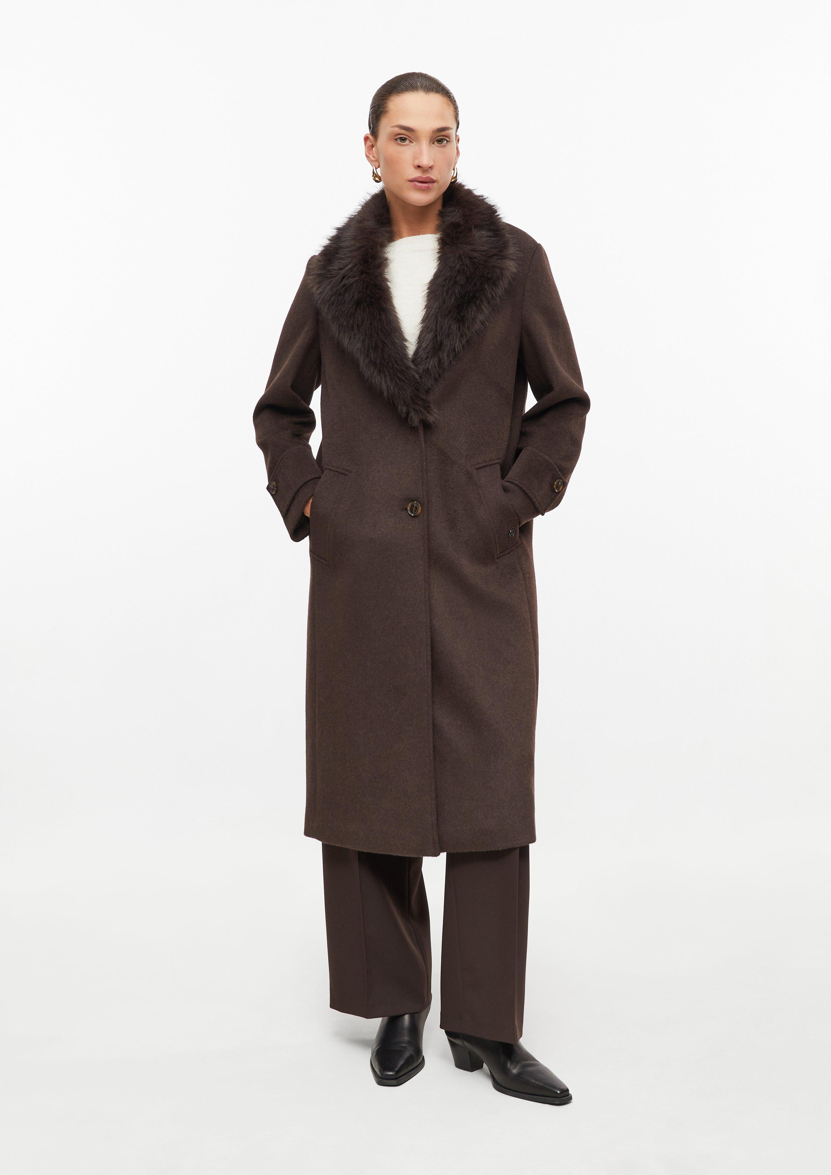 Femmes Manteau en laine mélangée avec col en fausse fourrure amovible en brun de s.Oliver BLACK LABEL