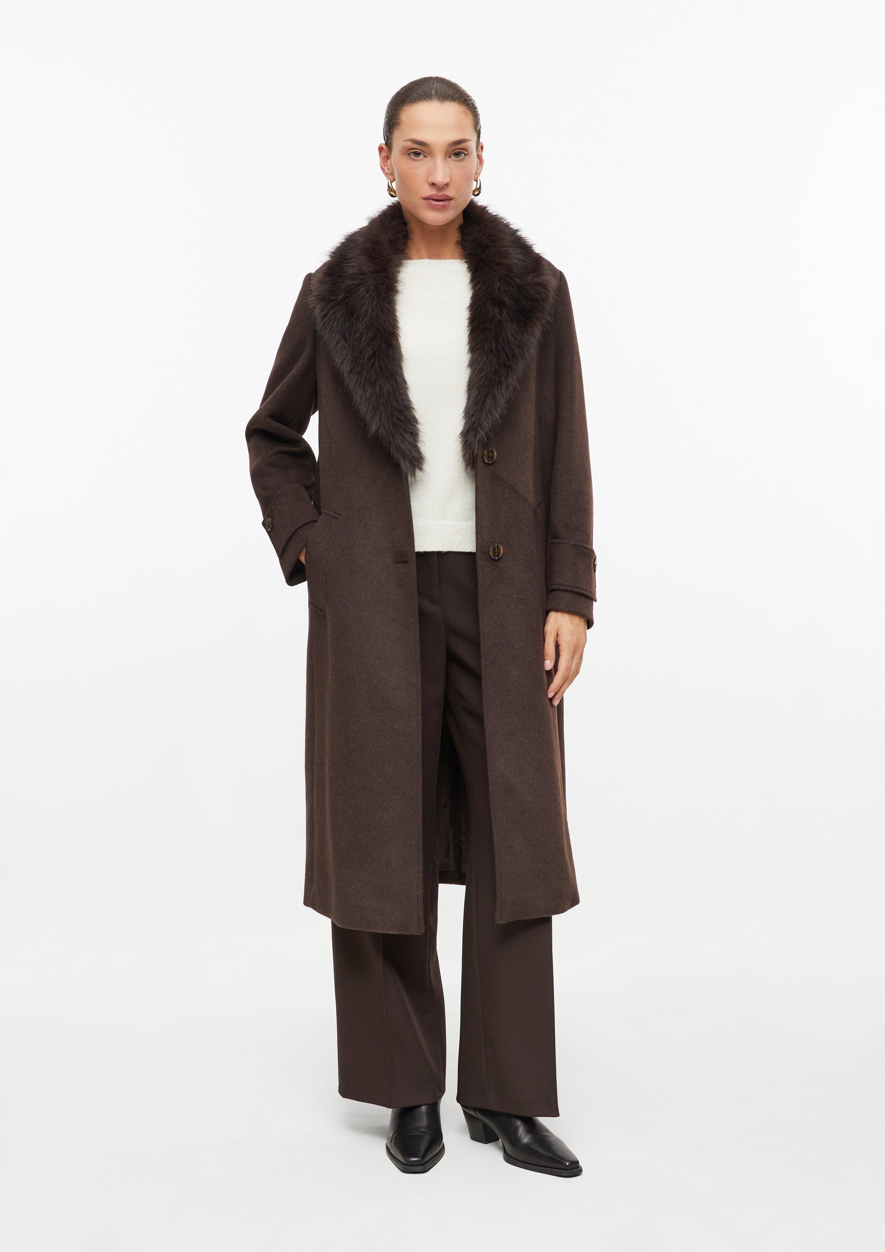 Femmes Manteau en laine mélangée avec col en fausse fourrure amovible en brun de s.Oliver BLACK LABEL