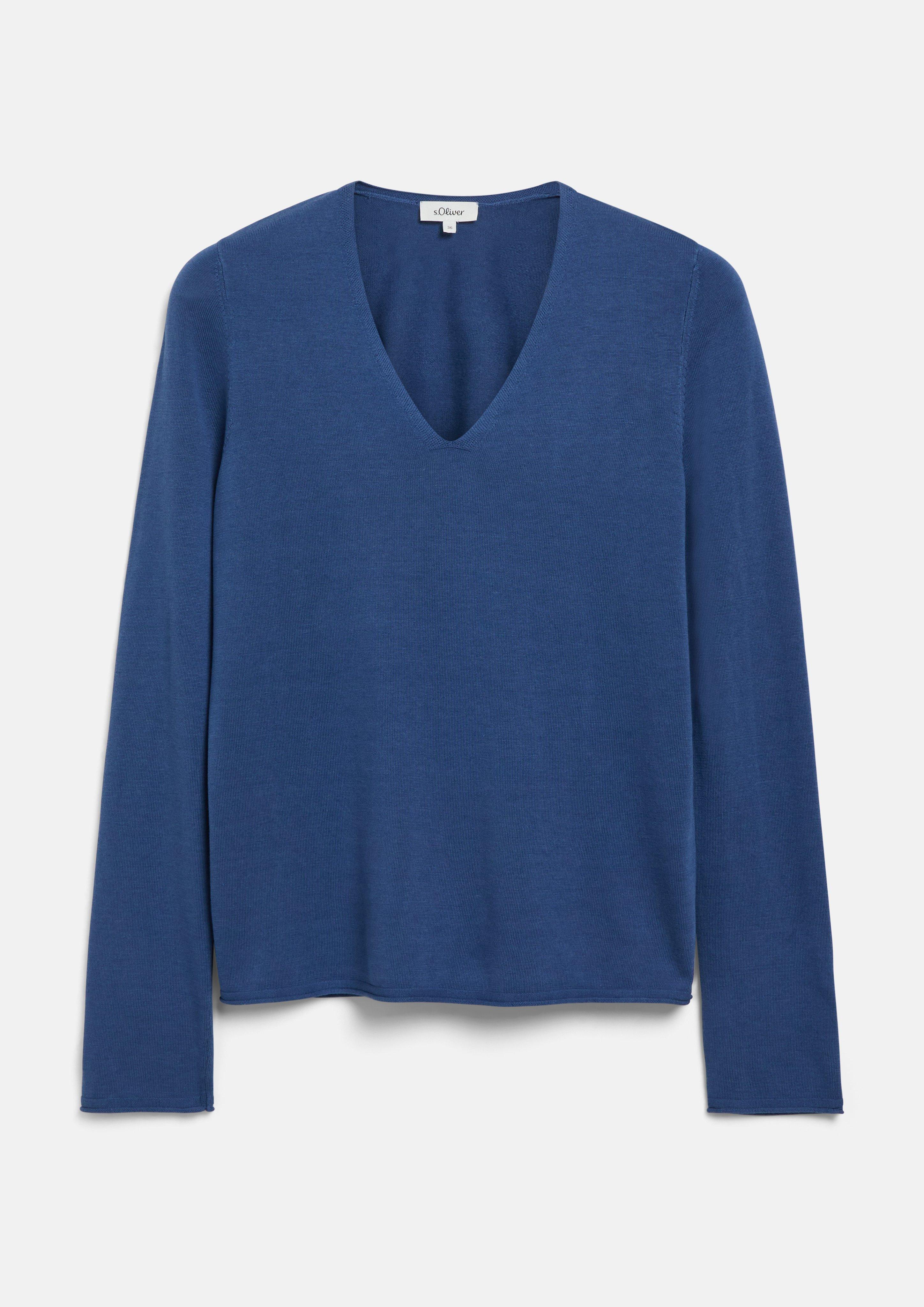 Strickpullover mit V-Ausschnitt und Rollkanten in Farbe royalblau von s.Oliver