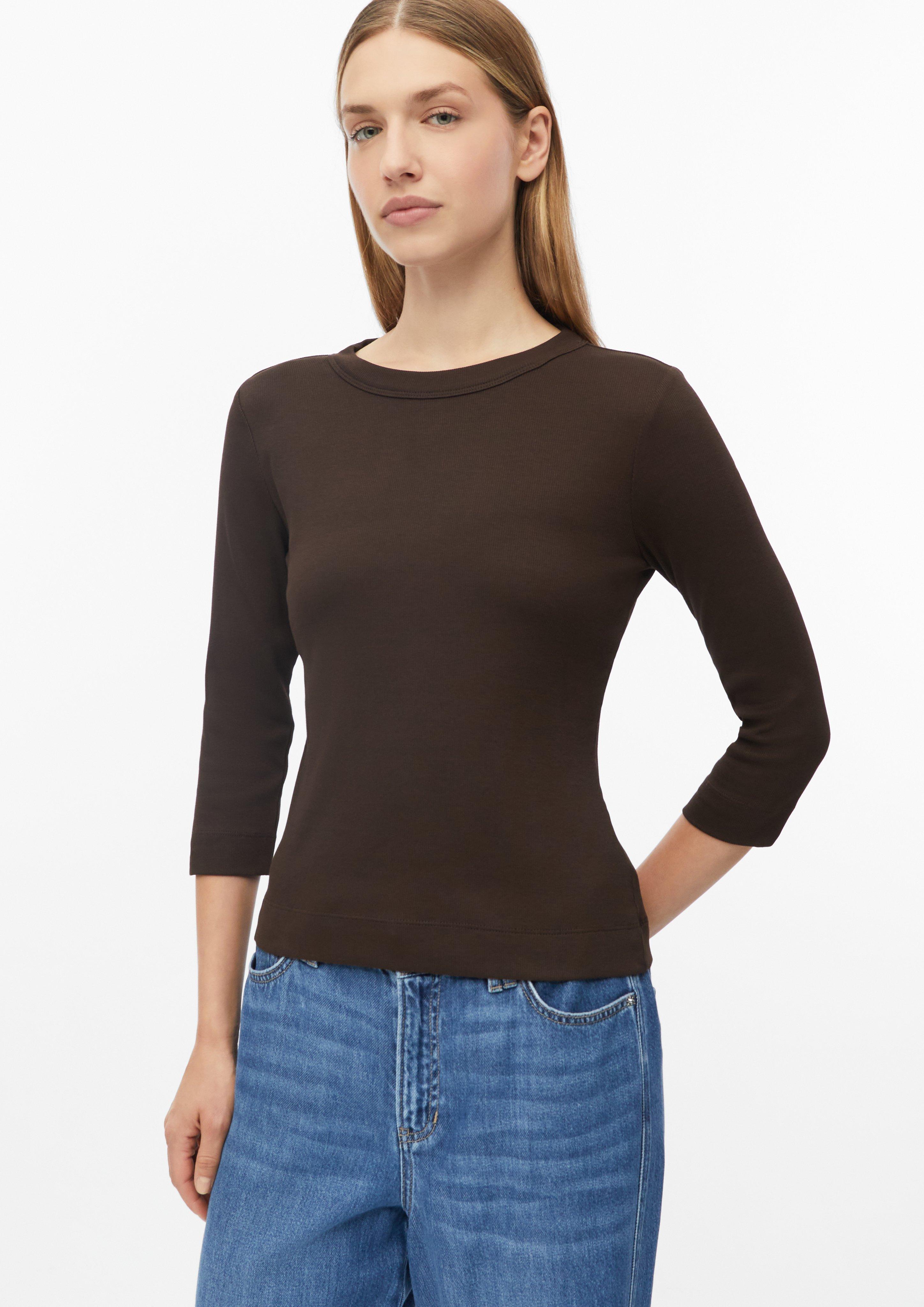 T-shirt à manches 3/4 en maille côtelée, coupe ajustée en marron foncé de s.Oliver
