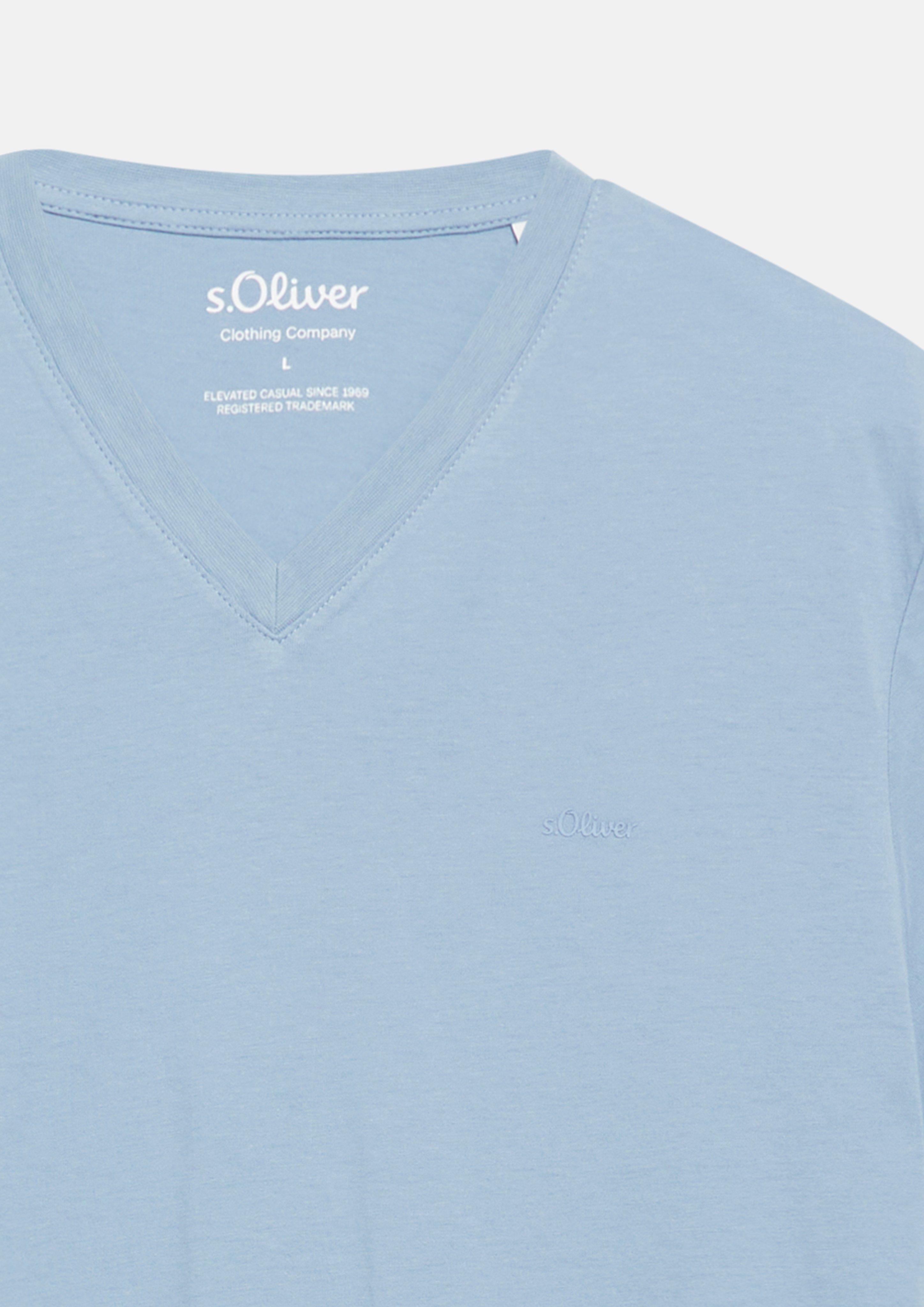 Herren Baumwoll-T-Shirt mit Logo-Print und V-Neck in blau von s.Oliver