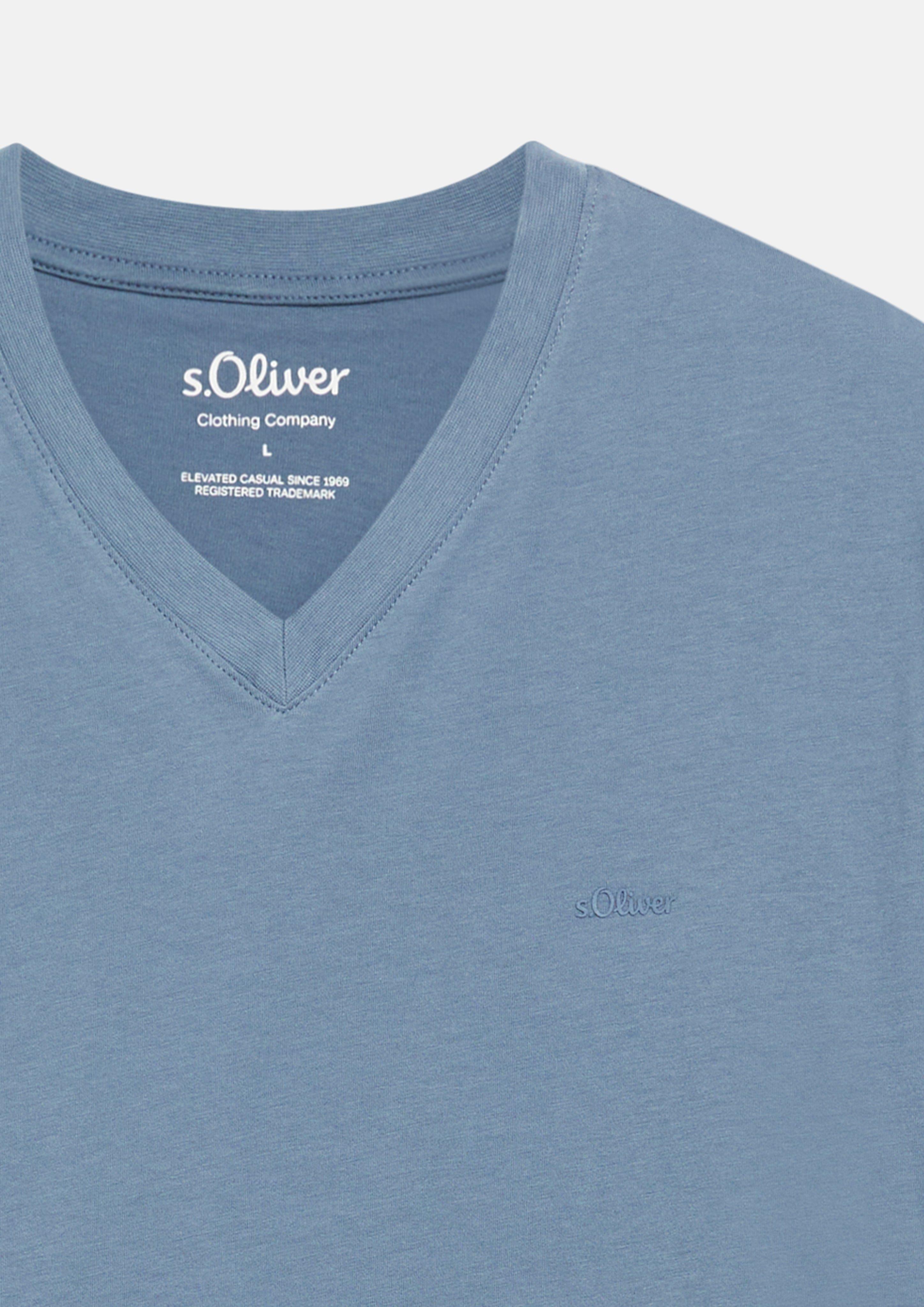Herren Baumwoll-T-Shirt mit Logo-Print und V-Neck in blau von s.Oliver