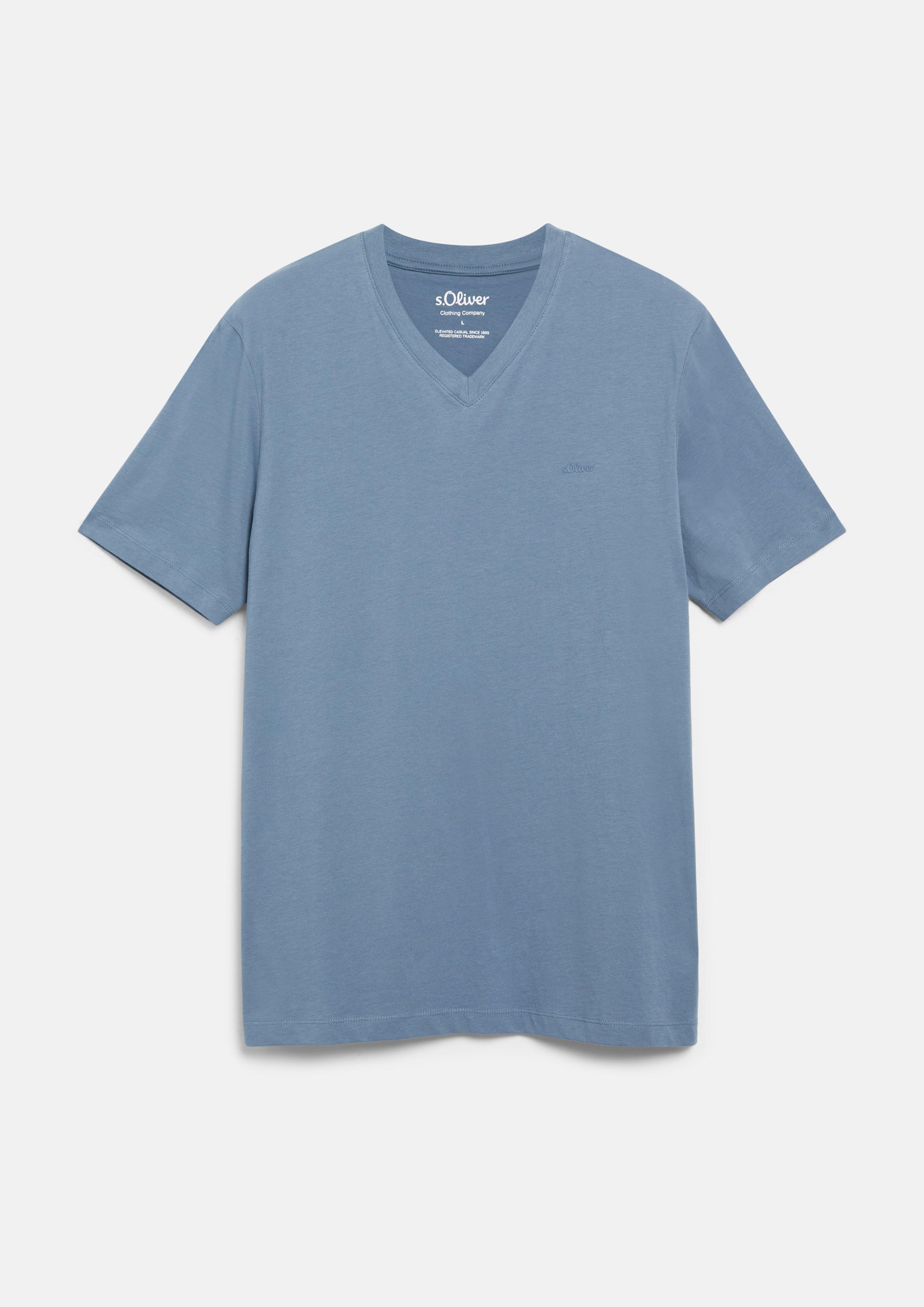Herren Baumwoll-T-Shirt mit Logo-Print und V-Neck in blau von s.Oliver